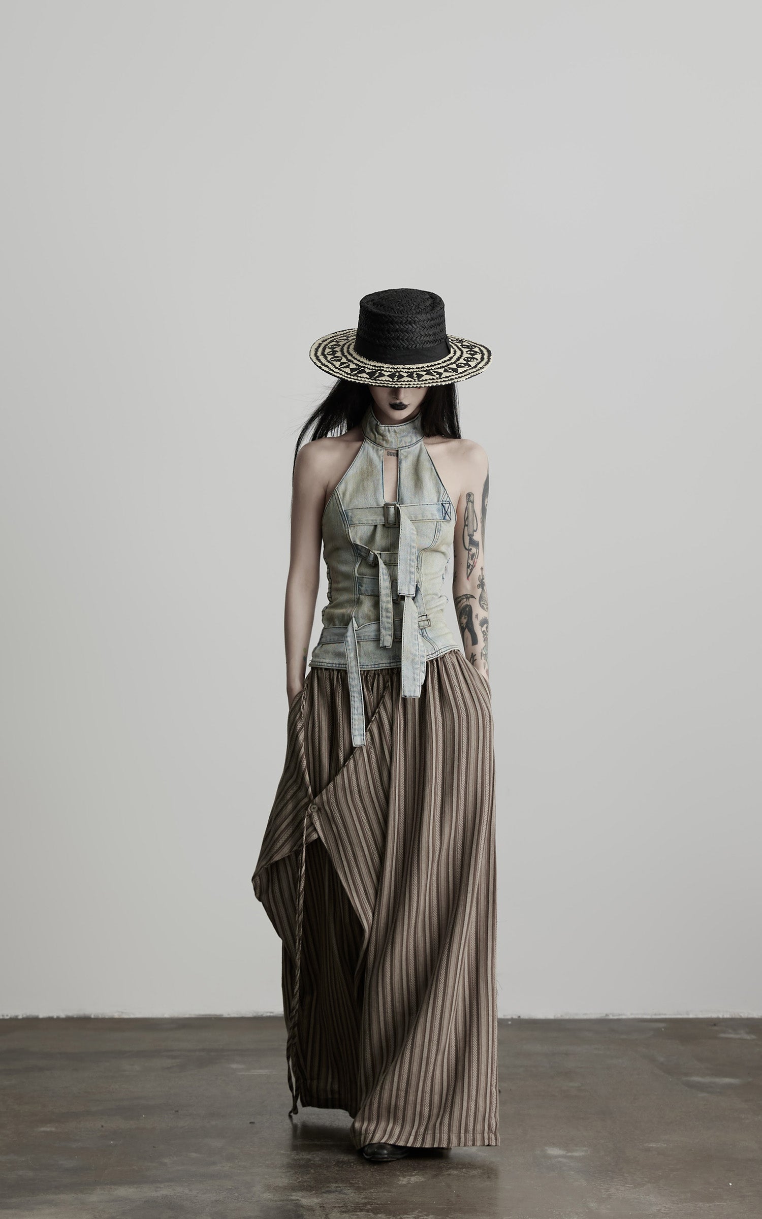 DOINDULGE Draped Asymmetric Wide-Leg Trousers in Textured Stripe