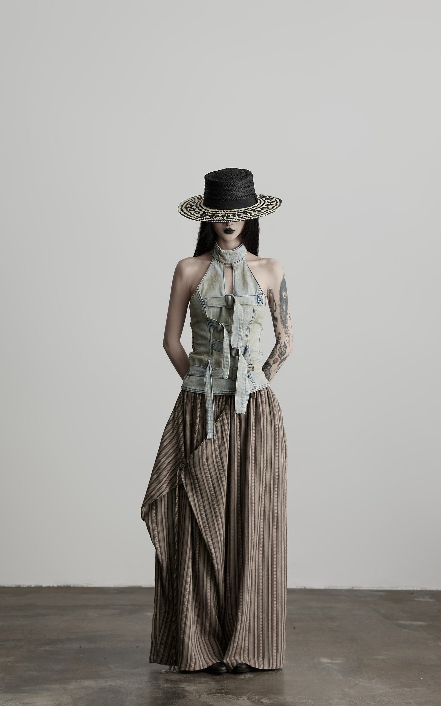 DOINDULGE Draped Asymmetric Wide-Leg Trousers in Textured Stripe