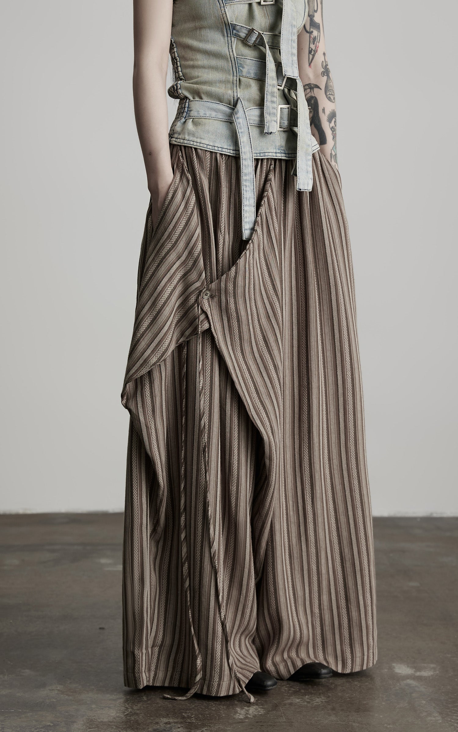 DOINDULGE Draped Asymmetric Wide-Leg Trousers in Textured Stripe
