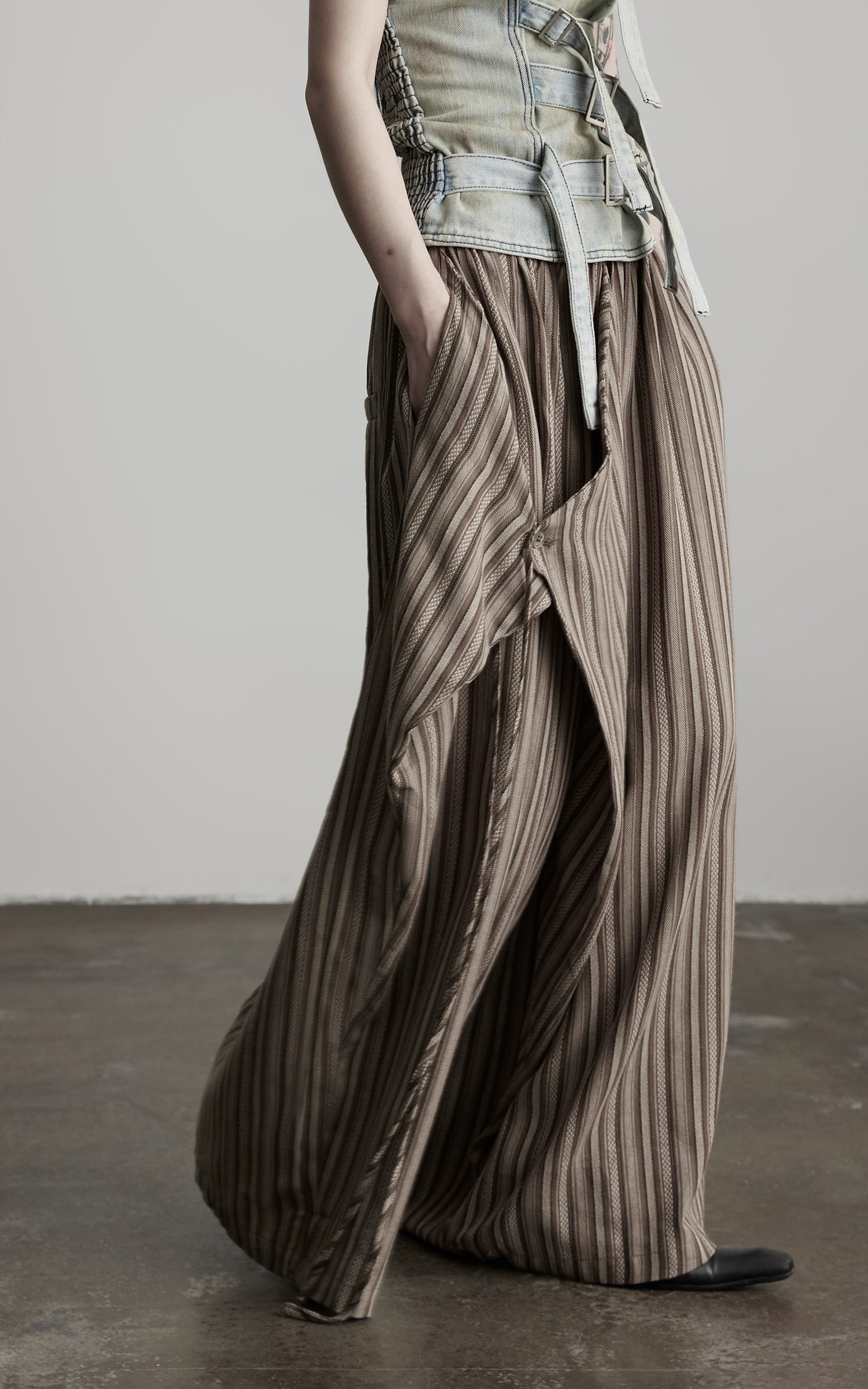 DOINDULGE Draped Asymmetric Wide-Leg Trousers in Textured Stripe