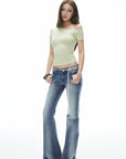 IAMXIAA Vintage Washed Flare Jeans Low Waist Denim with Retro Y2K Street Style