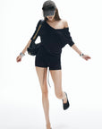 IAMXIAA Off-Shoulder Layered Effect Tee Short Sleeve Casual Loose Fit Top