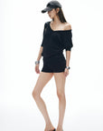 IAMXIAA Off-Shoulder Layered Effect Tee Short Sleeve Casual Loose Fit Top
