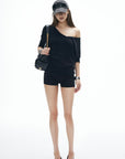 IAMXIAA Off-Shoulder Layered Effect Tee Short Sleeve Casual Loose Fit Top