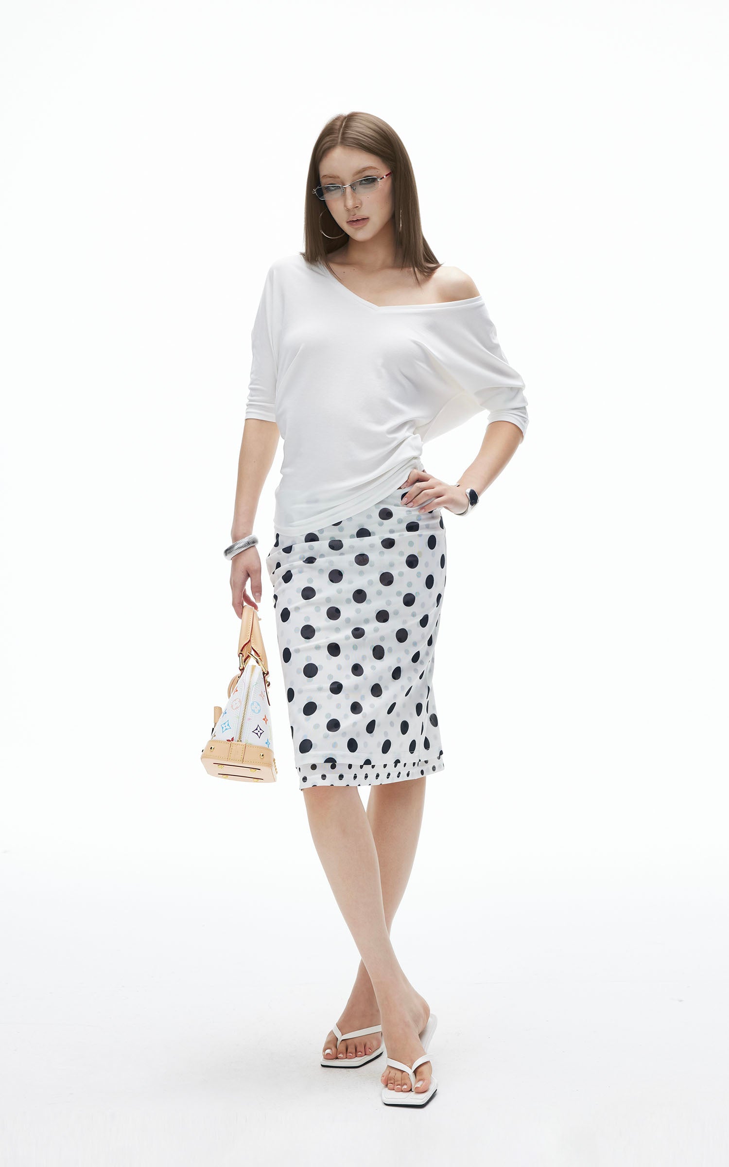 IAMXIAA Off-Shoulder Layered Effect Tee Short Sleeve Casual Loose Fit Top