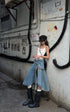 WARDEN EDGE Asymmetric Pocket Flare Denim Skirt with Deconstructed Belt Detail - PINKPARKS