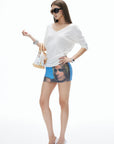 IAMXIAA Off-Shoulder Layered Effect Tee Short Sleeve Casual Loose Fit Top
