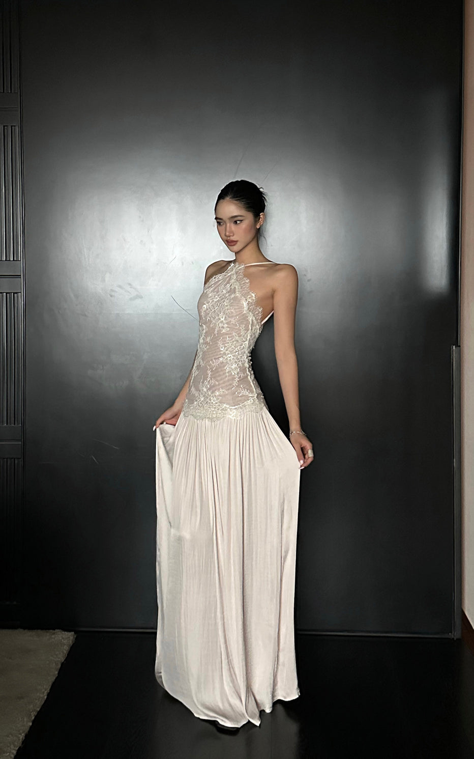 ROVENTE Embroidered Lace Halter Dress With Gathered Hem – PINKPARKS
