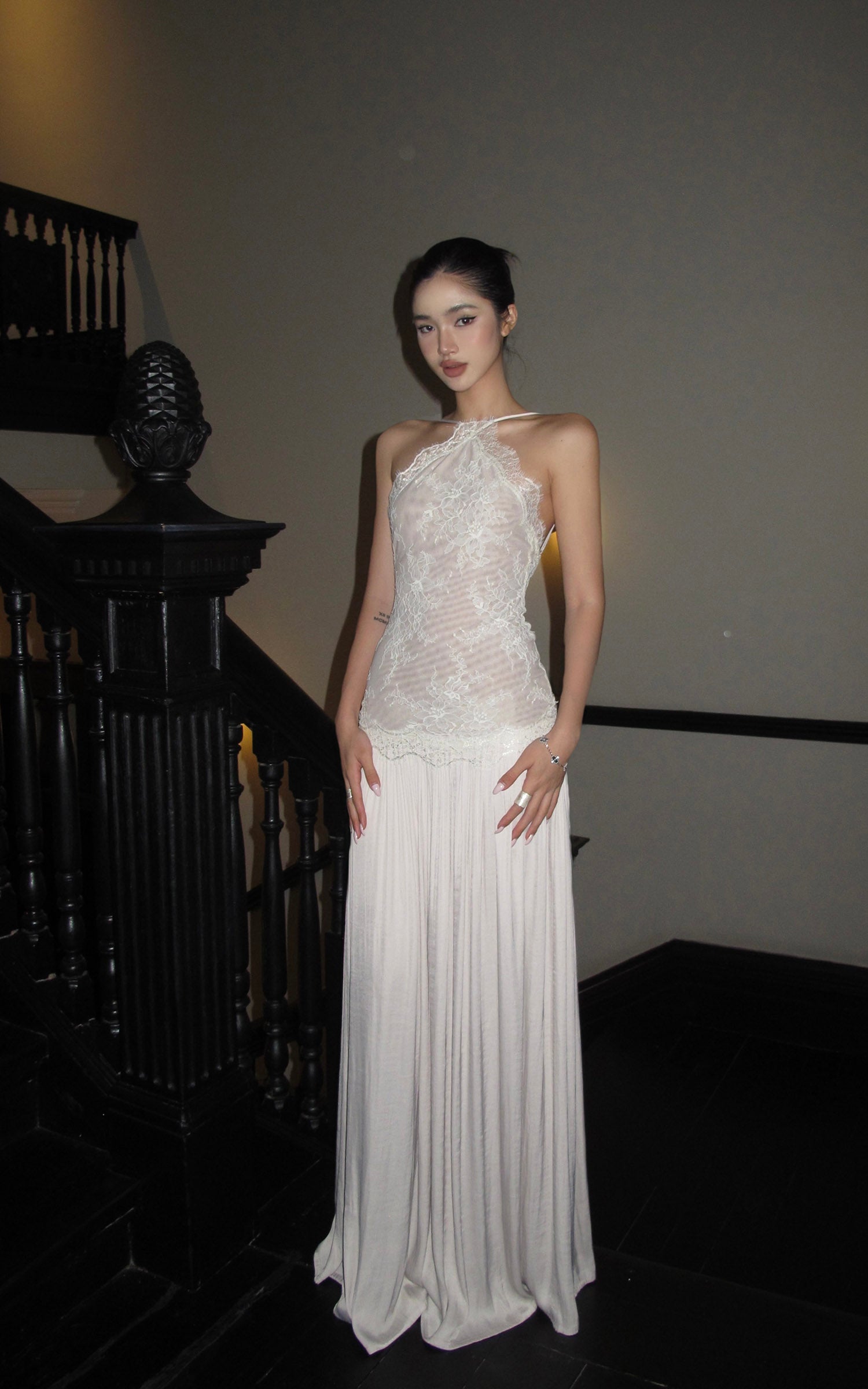 ROVENTE Embroidered Lace Halter Dress With Gathered Hem - PINKPARKS