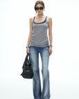 IAMXIAA Vintage Washed Flare Jeans Low Waist Denim with Retro Y2K Street Style