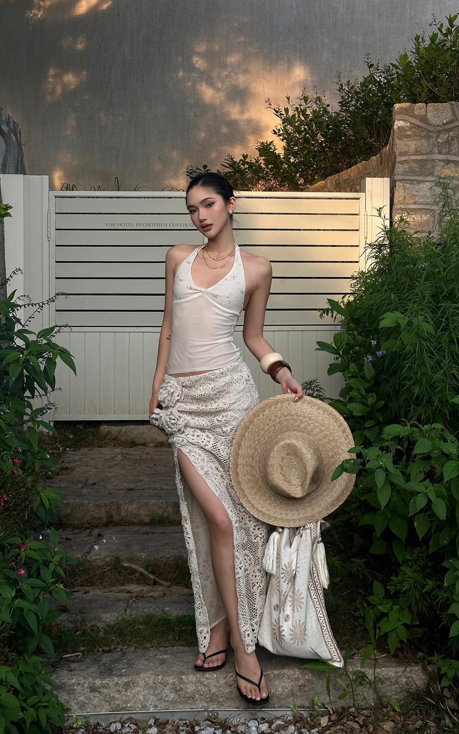 ROVENTE Crochet Maxi Skirt with Rosette Detail and Side Slit - PINKPARKS