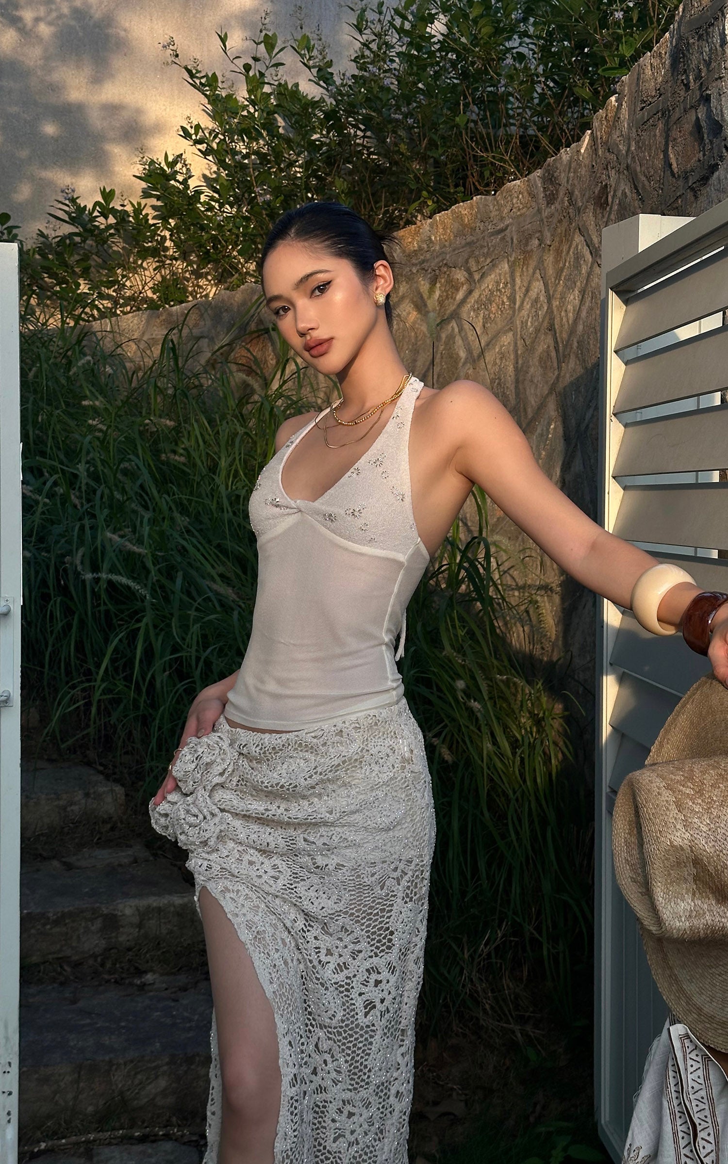 ROVENTE Embellished Halter Knit-Panel Top with Sheer Mesh Contrast - PINKPARKS