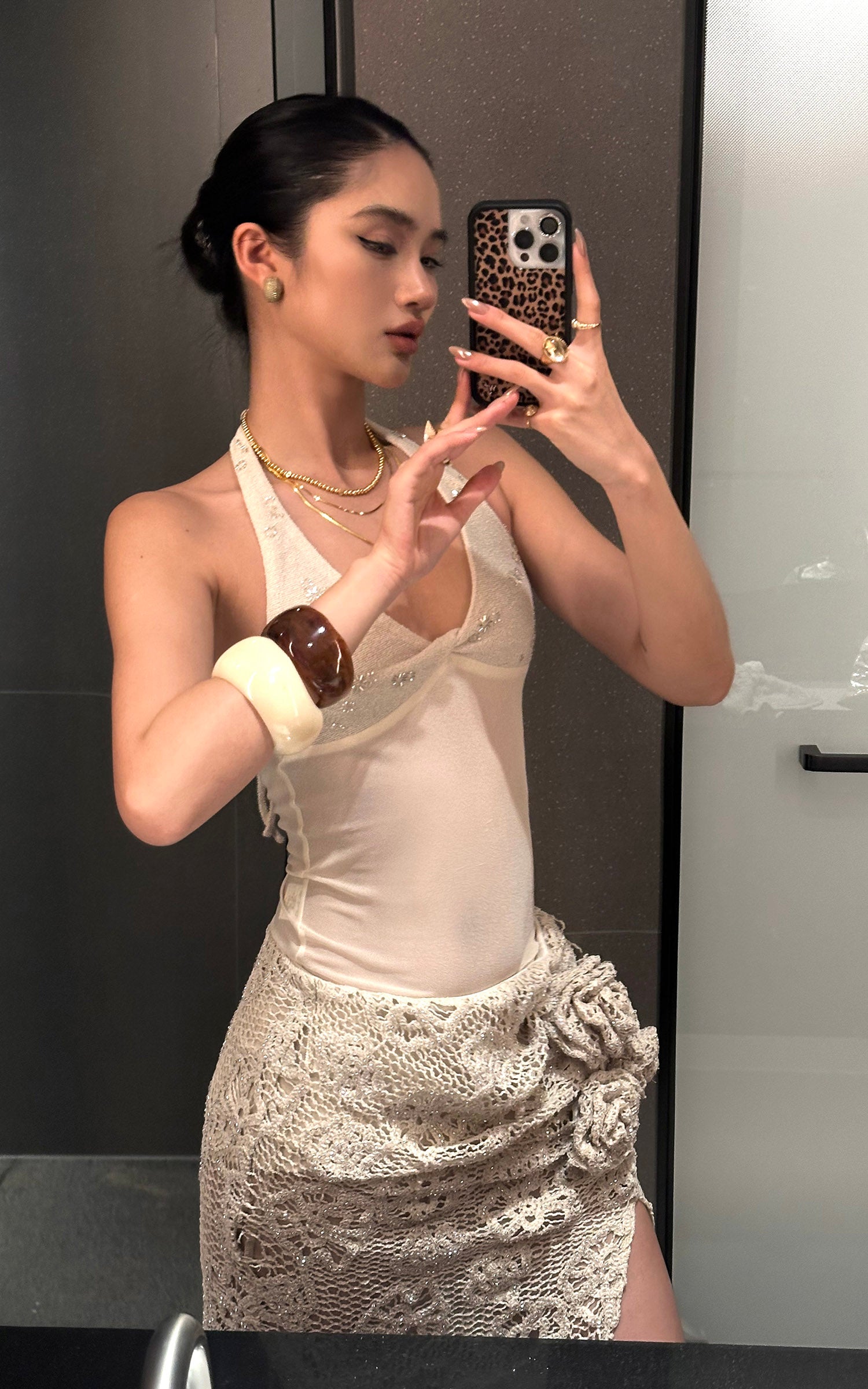 ROVENTE Embellished Halter Knit-Panel Top with Sheer Mesh Contrast - PINKPARKS