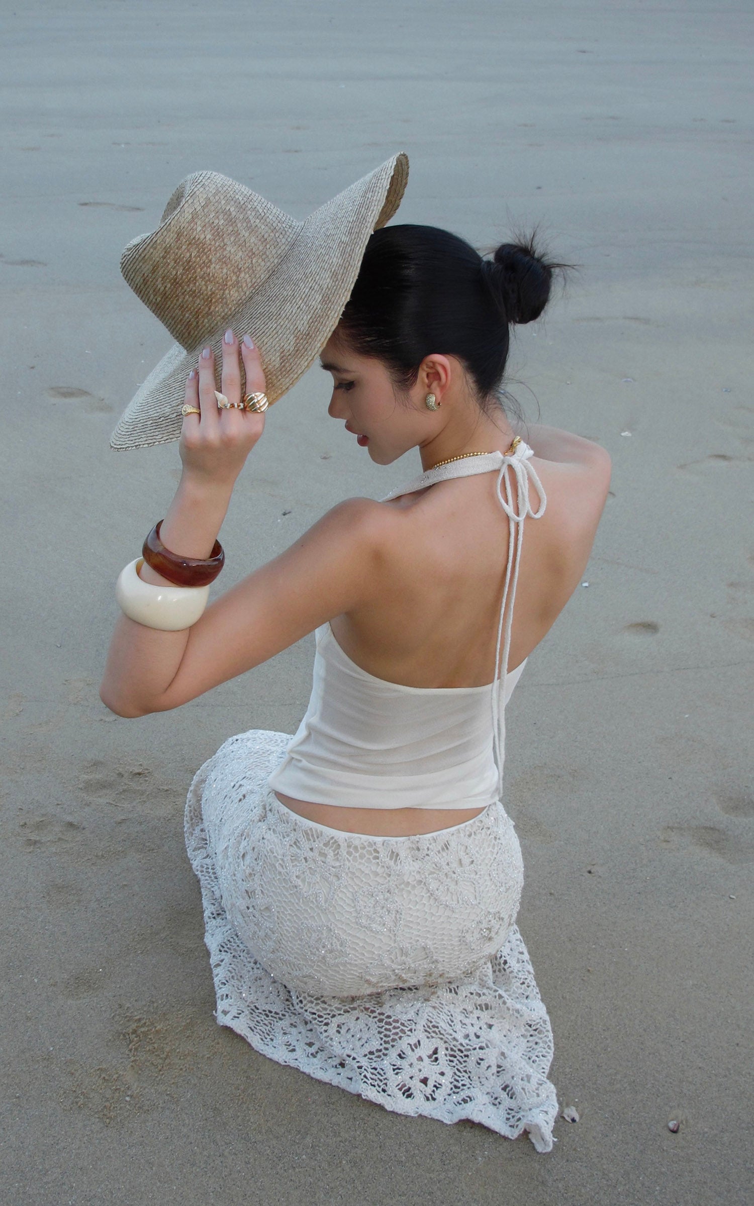 ROVENTE Embellished Halter Knit-Panel Top with Sheer Mesh Contrast - PINKPARKS