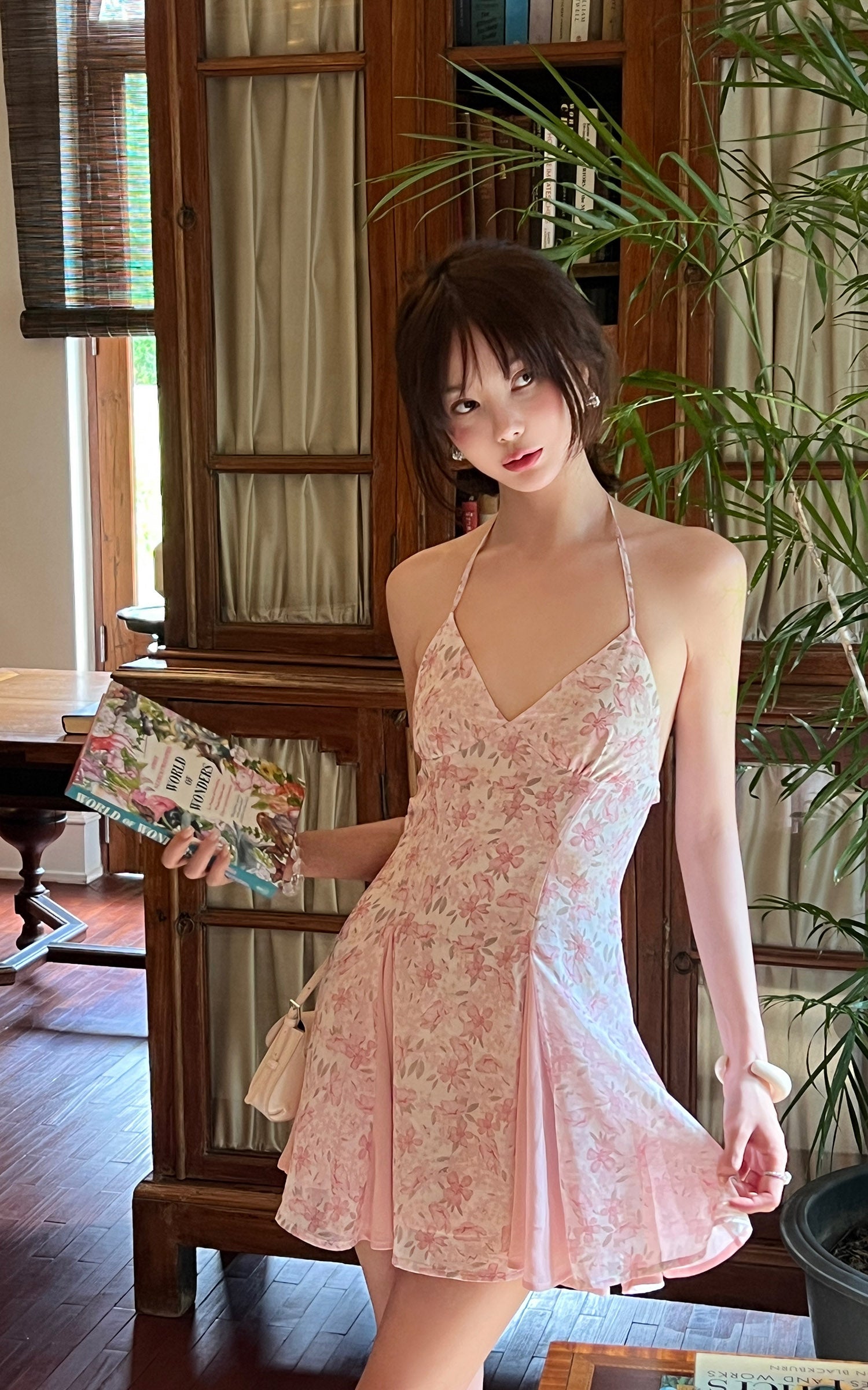 DreamyNerd Vintage Floral Halter Mini Dress with Chiffon Inserts and Flared Skirt - PINKPARKS