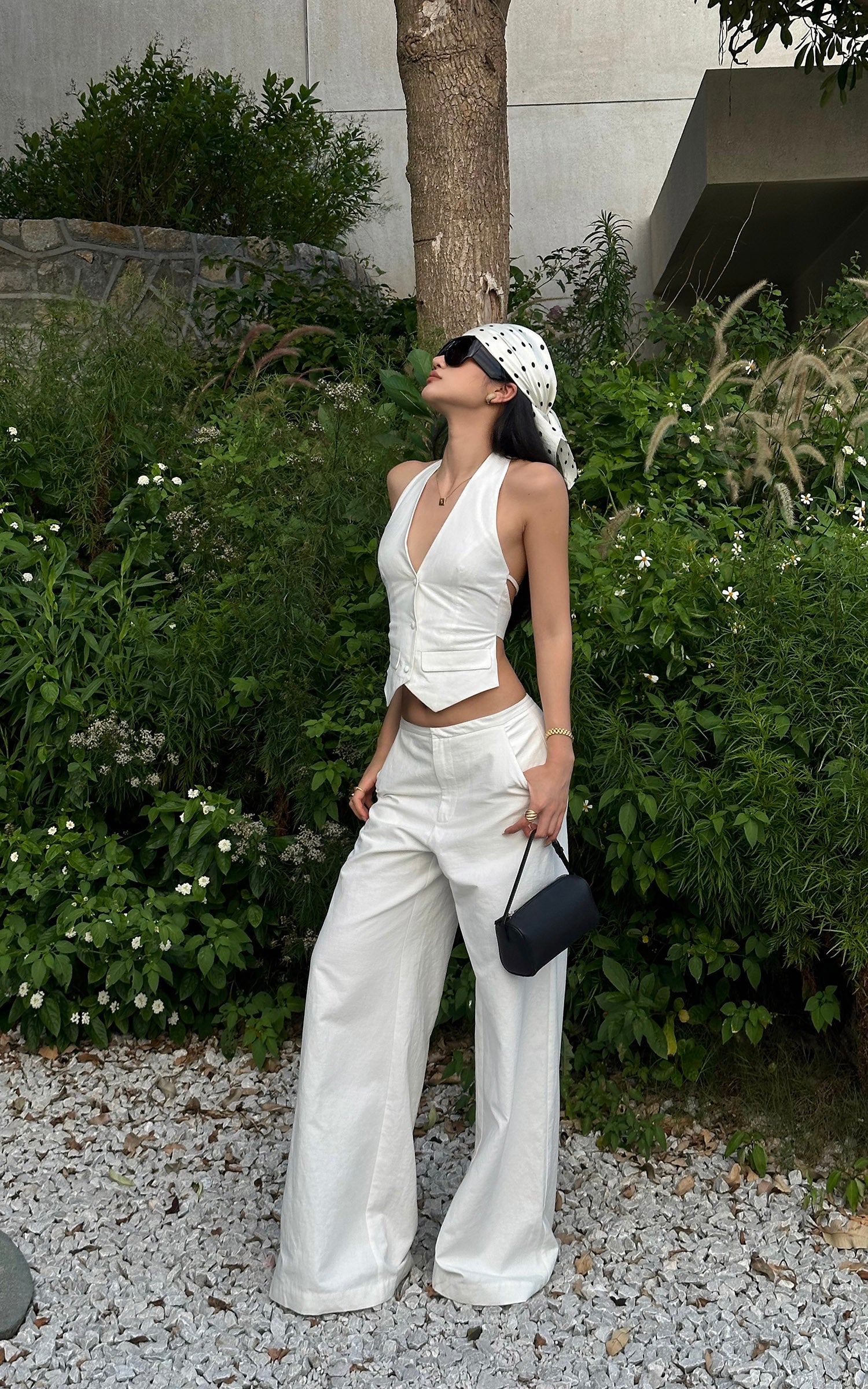 ROVENTE Halter Waistcoat Top with Plunging Neckline and Open Back - PINKPARKS