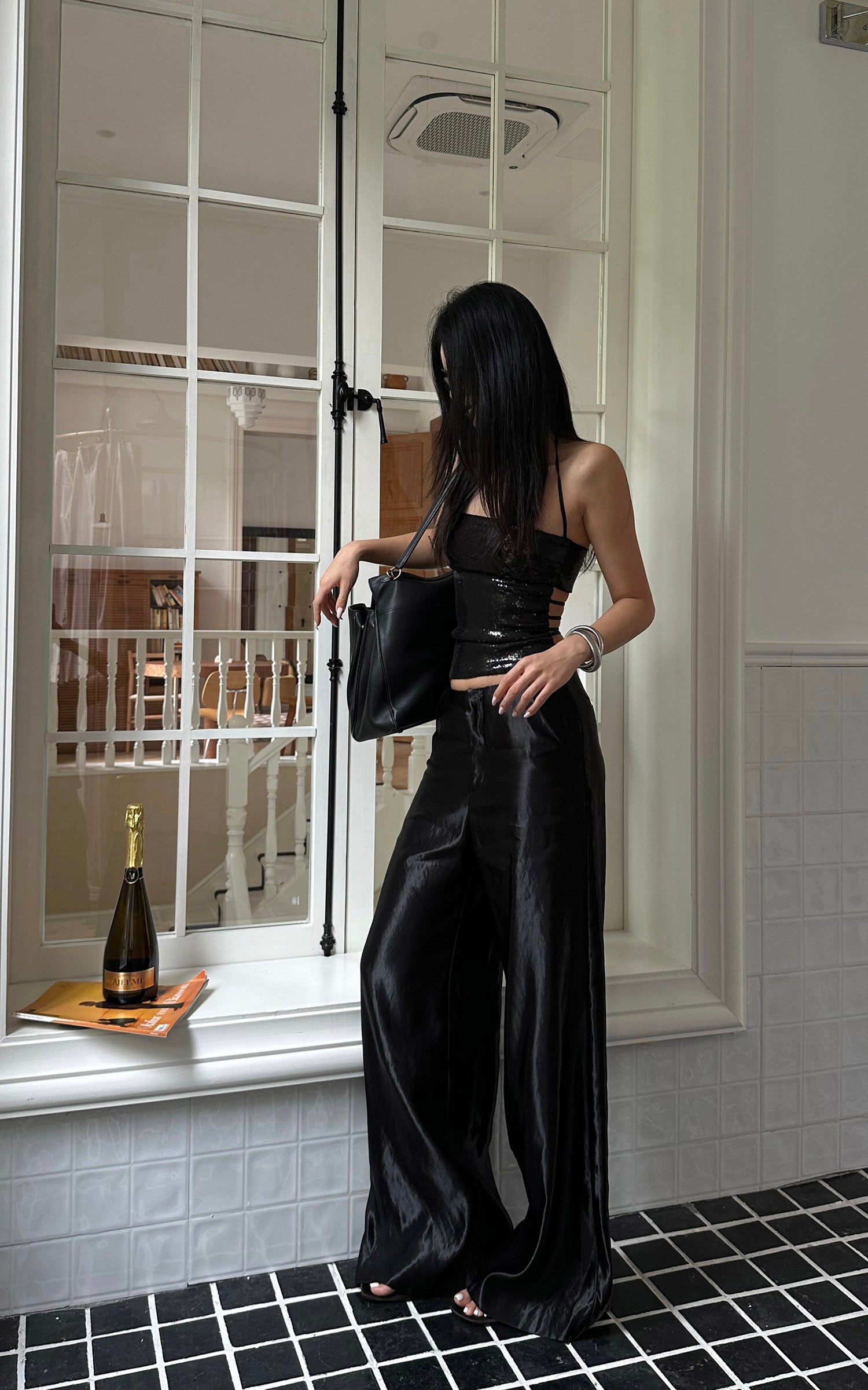 ROVENTE Glossed Satin Wide-Leg Pants with Tailored Silhouette - PINKPARKS