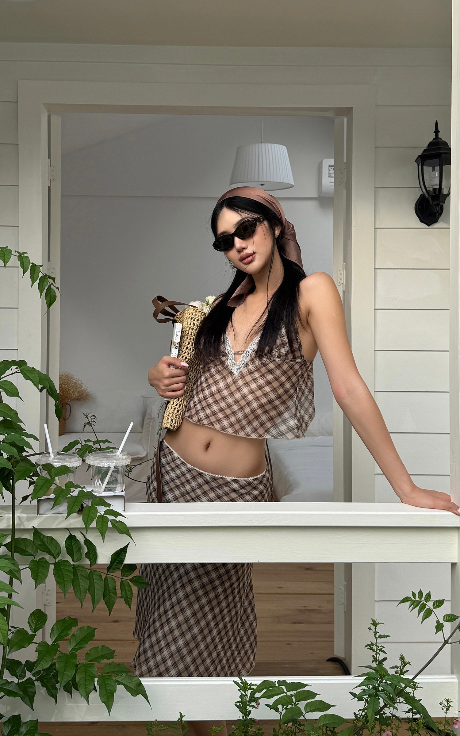 ROVENTE Plaid Sheer Cami Top and Flowy Midi Skirt Matching Set - PINKPARKS