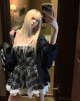 Rase le sol Strapless Sculpted Dress with Check Pattern and Tiered Lace - PINKPARKS