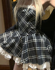 Rase le sol Strapless Sculpted Dress with Check Pattern and Tiered Lace - PINKPARKS