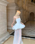 Rase le sol Strapless Peplum Sheer Layered Midi Dress Set with Bubble Shorts - PINKPARKS