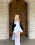 Rase le sol Strapless Peplum Sheer Layered Midi Dress Set with Bubble Shorts - PINKPARKS