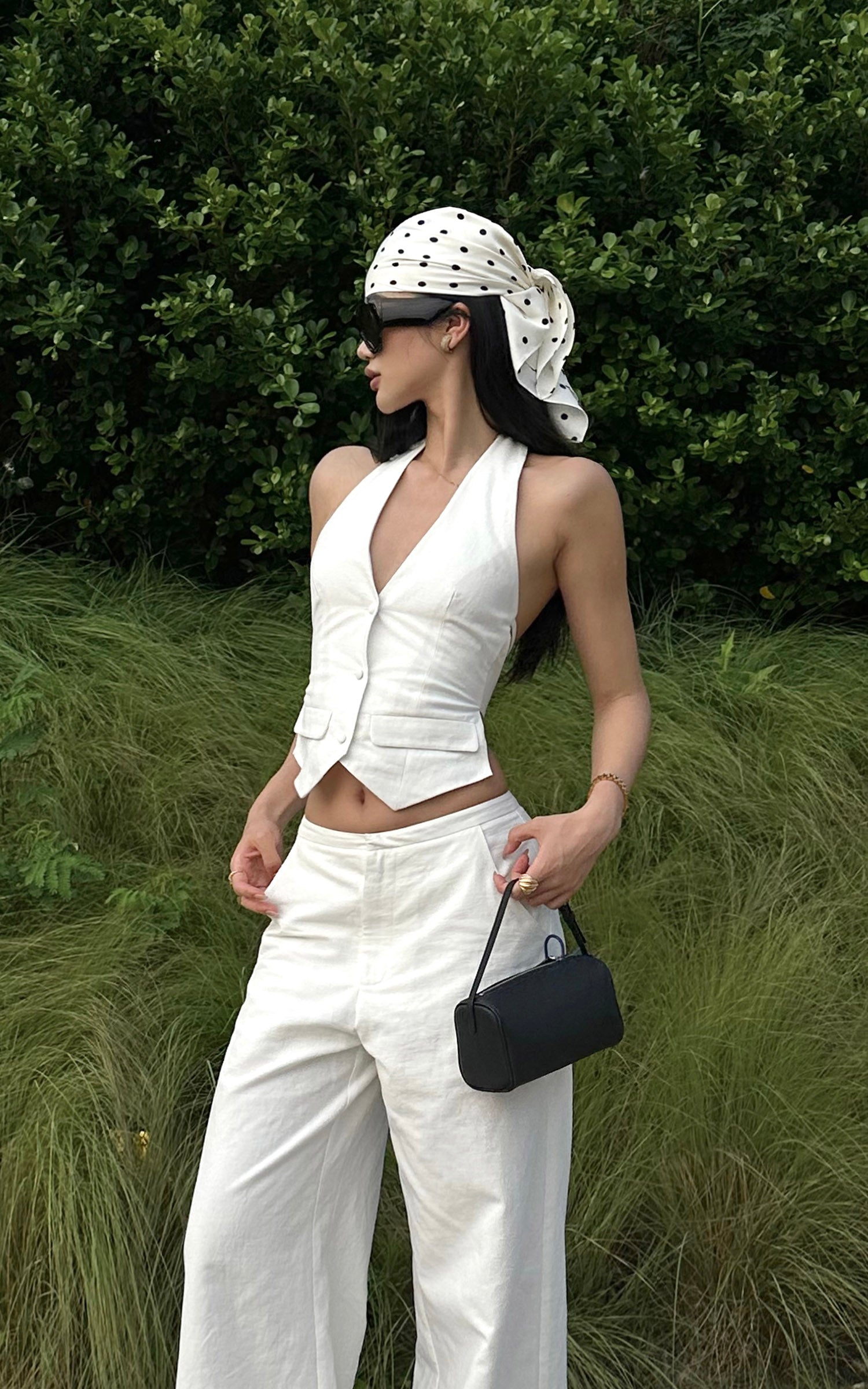 ROVENTE Halter Waistcoat Top with Plunging Neckline and Open Back - PINKPARKS