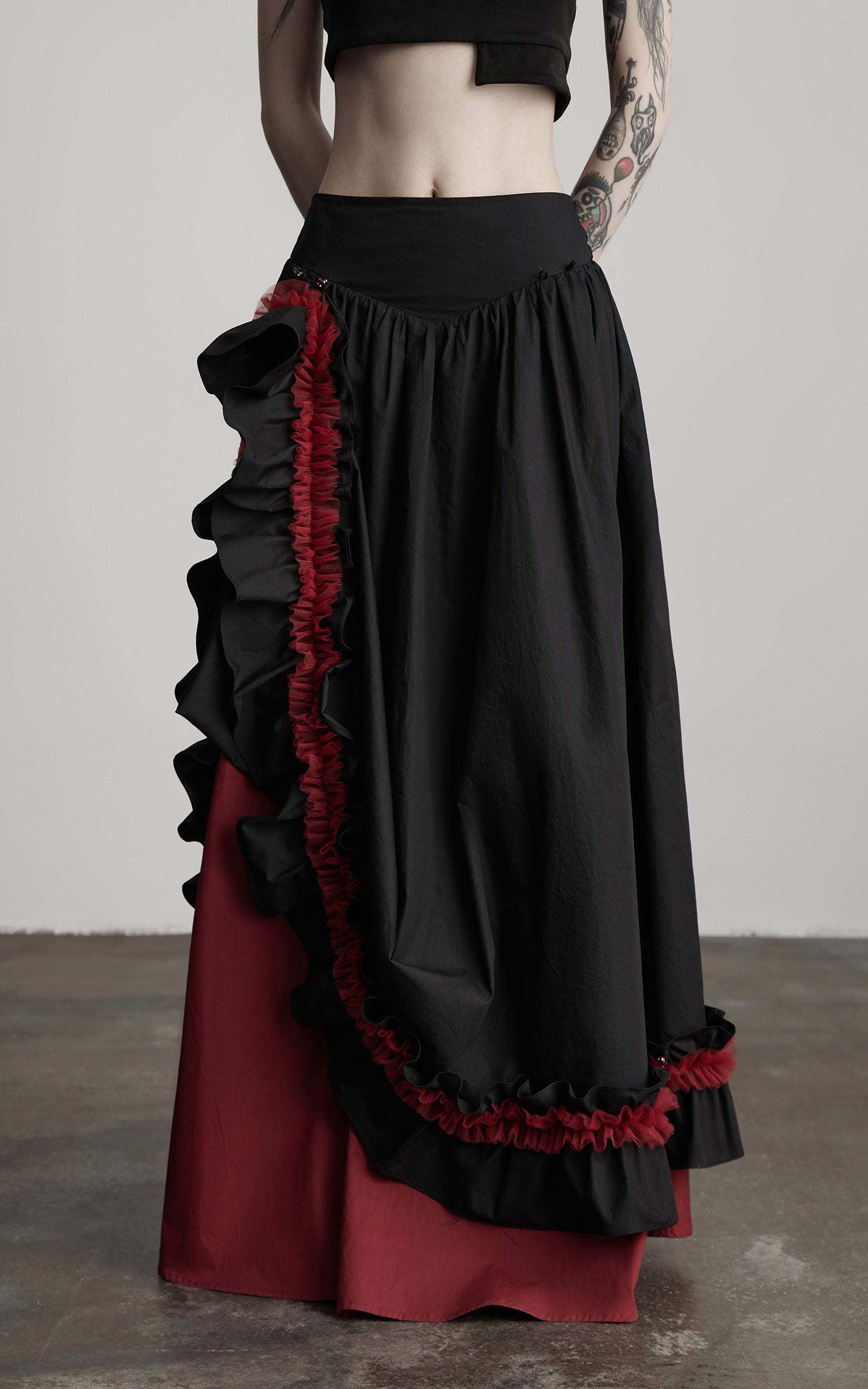 DOINDULGE Flared Skirt with Layered Frill Draping and Contrast Underskirt