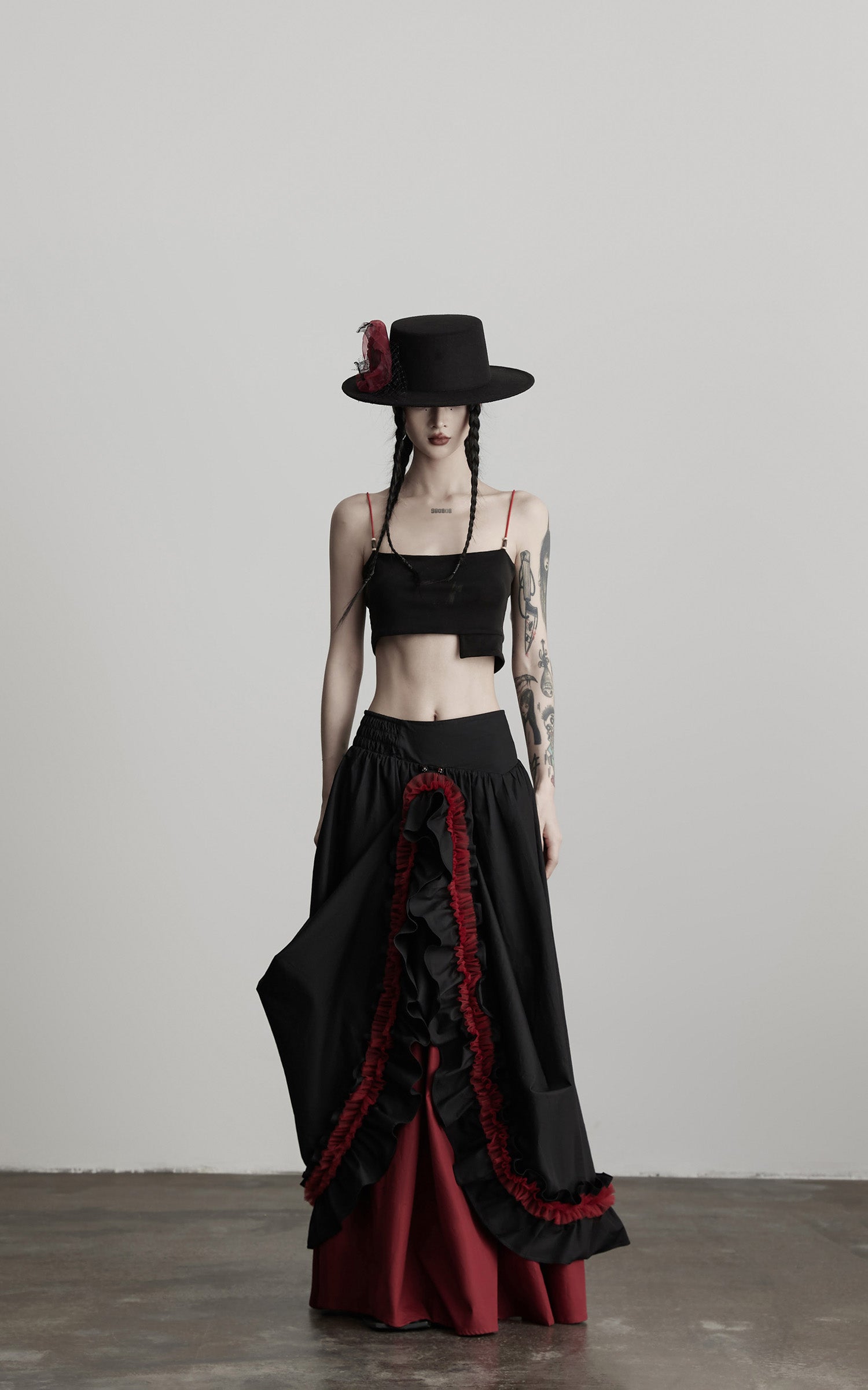 DOINDULGE Flared Skirt with Layered Frill Draping and Contrast Underskirt