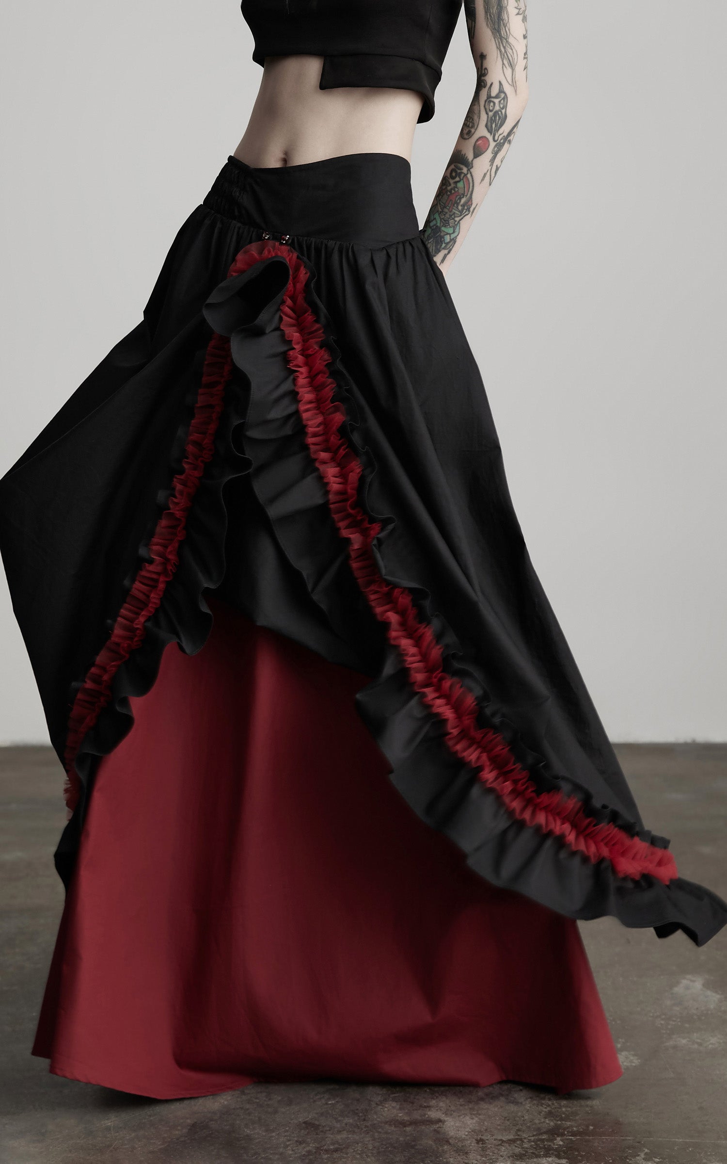 DOINDULGE Flared Skirt with Layered Frill Draping and Contrast Underskirt