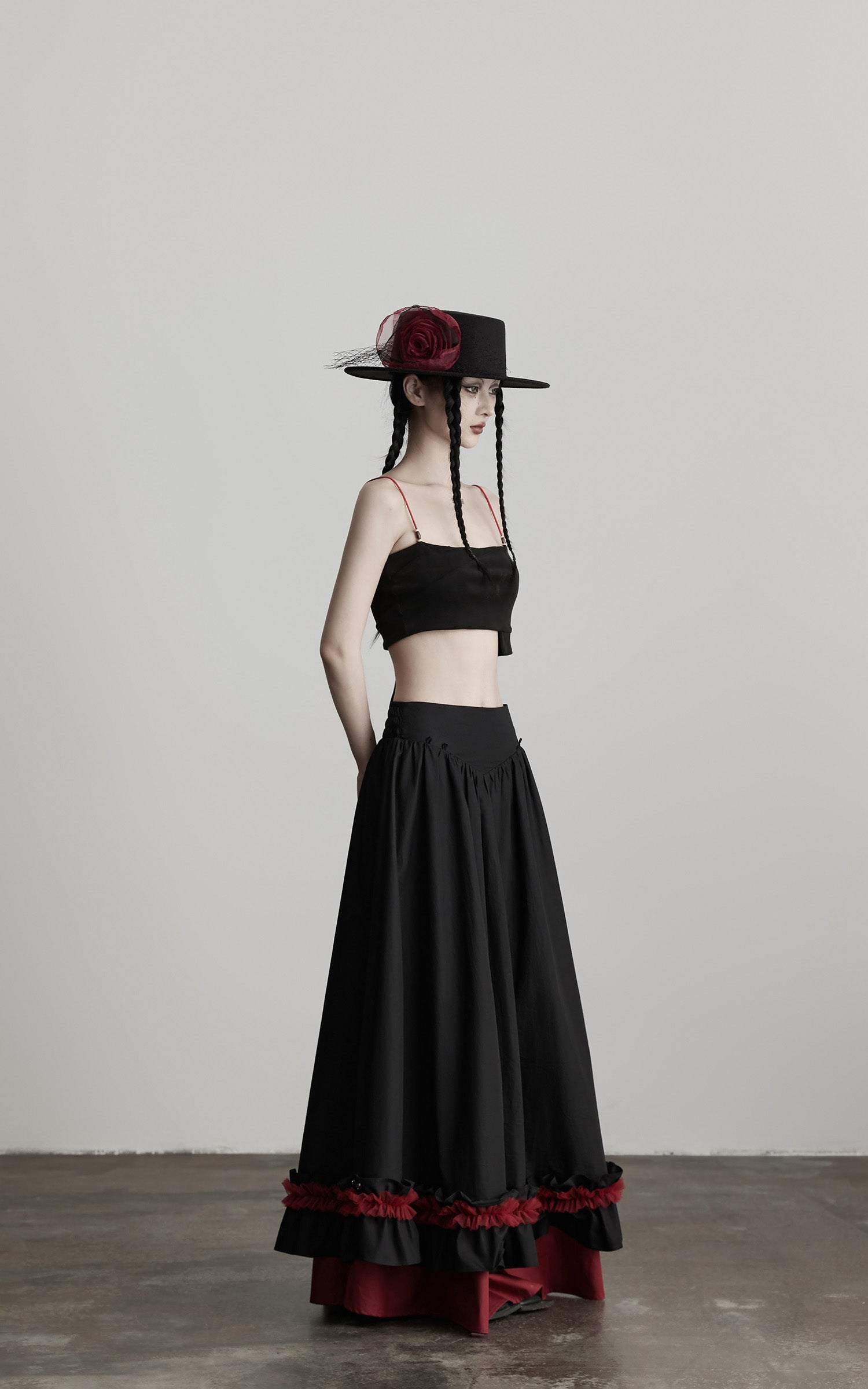 DOINDULGE Flared Skirt with Layered Frill Draping and Contrast Underskirt