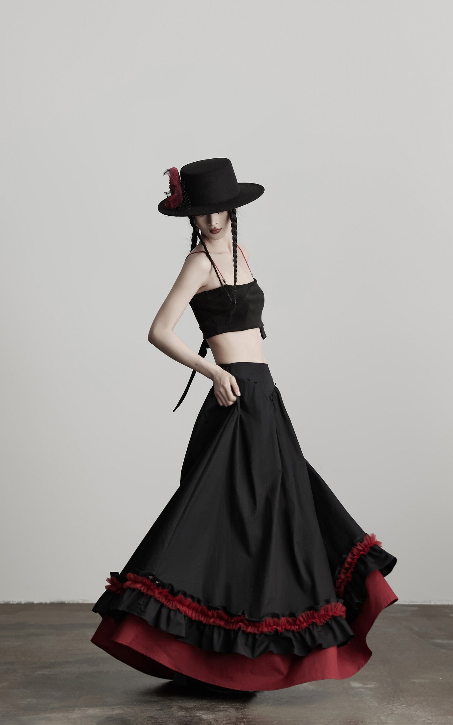 DOINDULGE Flared Skirt with Layered Frill Draping and Contrast Underskirt
