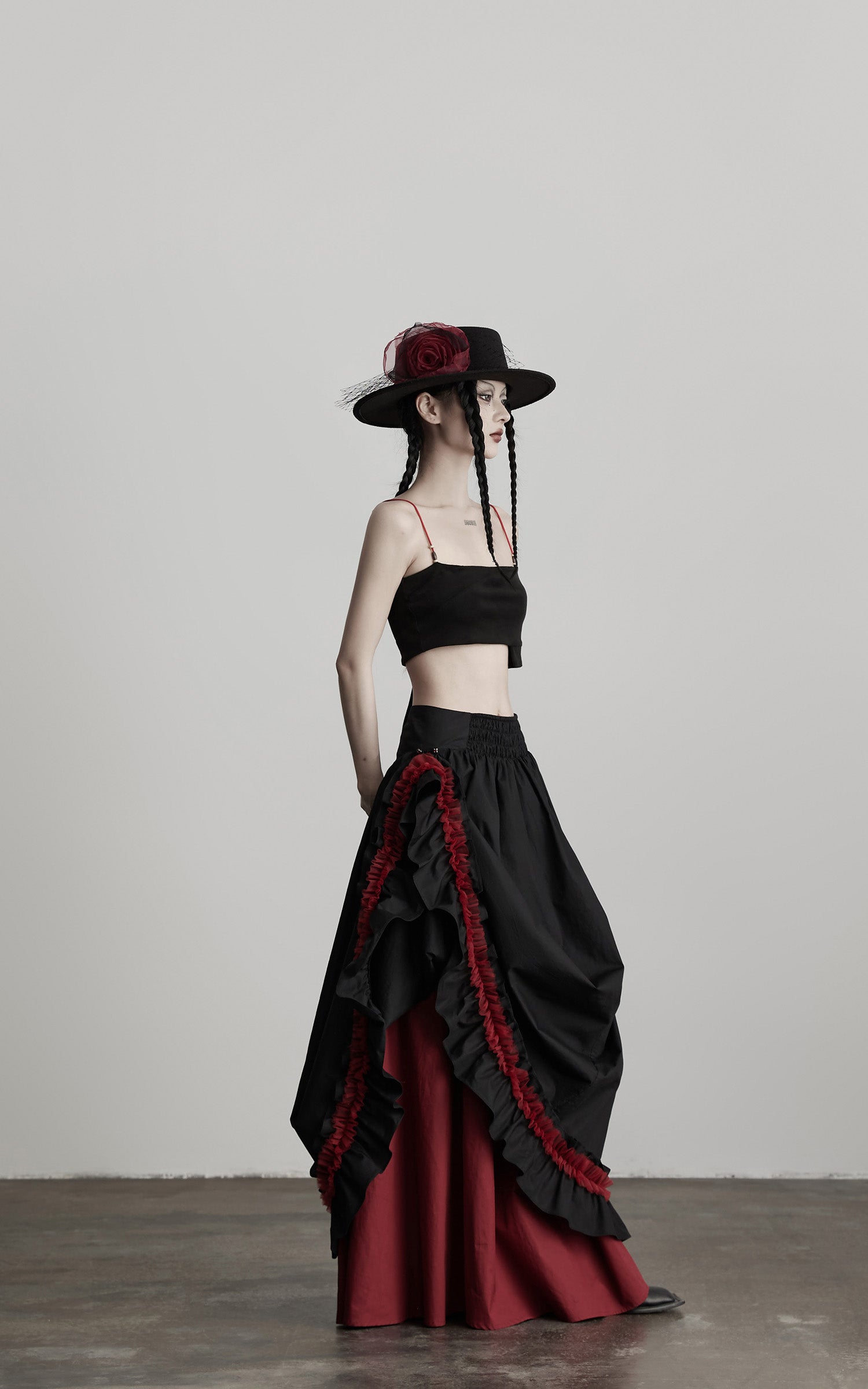 DOINDULGE Flared Skirt with Layered Frill Draping and Contrast Underskirt