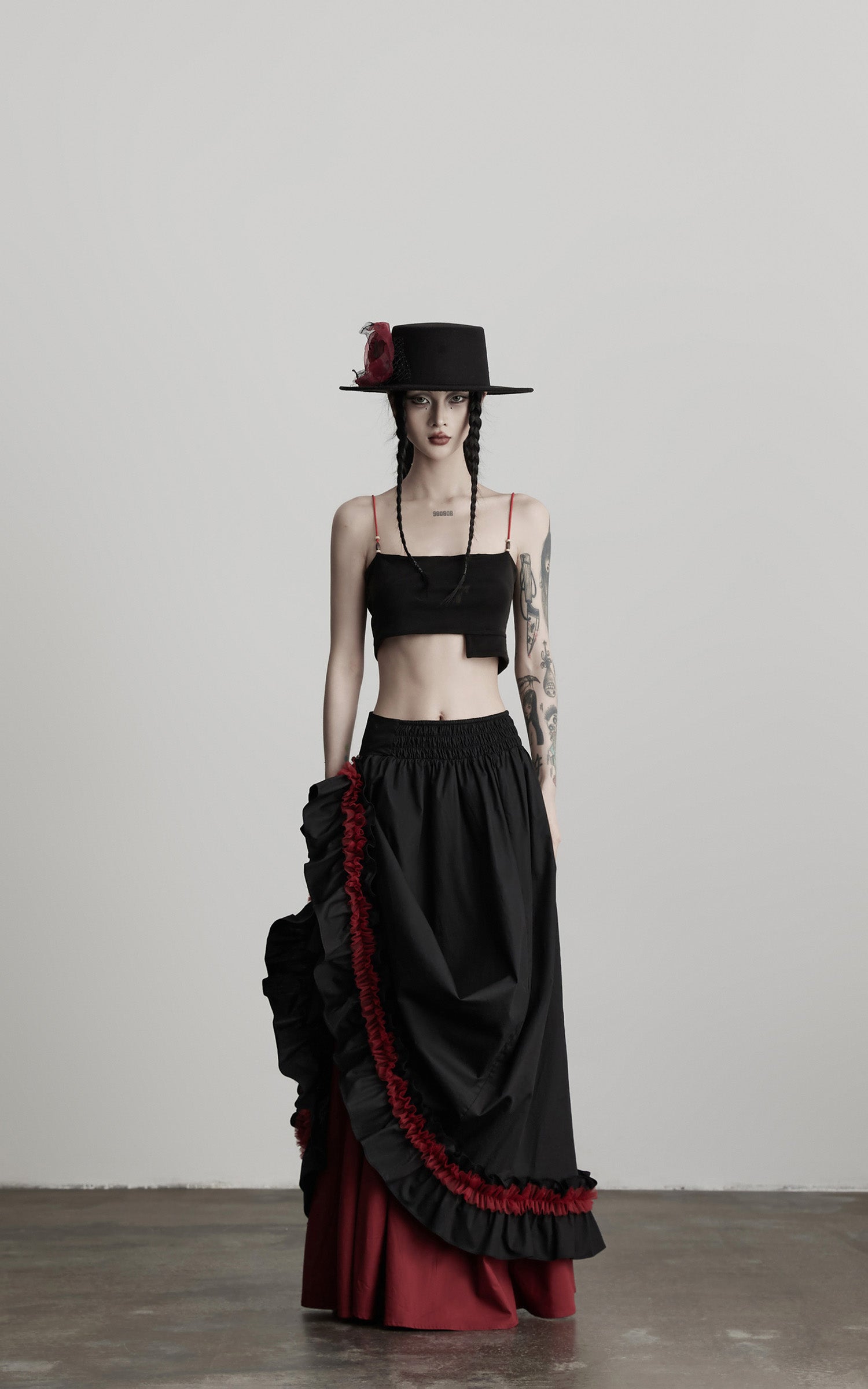 DOINDULGE Flared Skirt with Layered Frill Draping and Contrast Underskirt