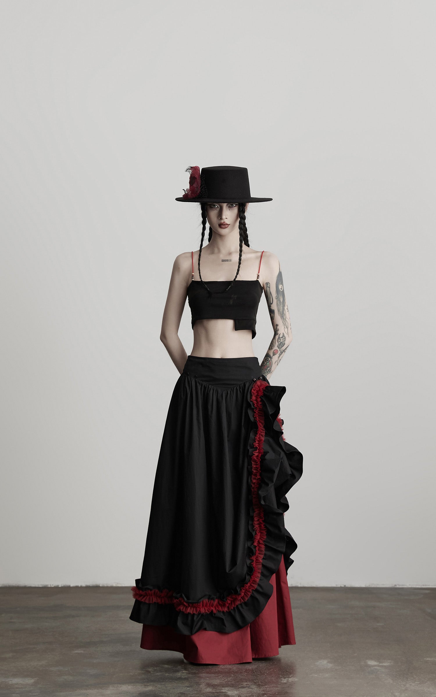 DOINDULGE Flared Skirt with Layered Frill Draping and Contrast Underskirt