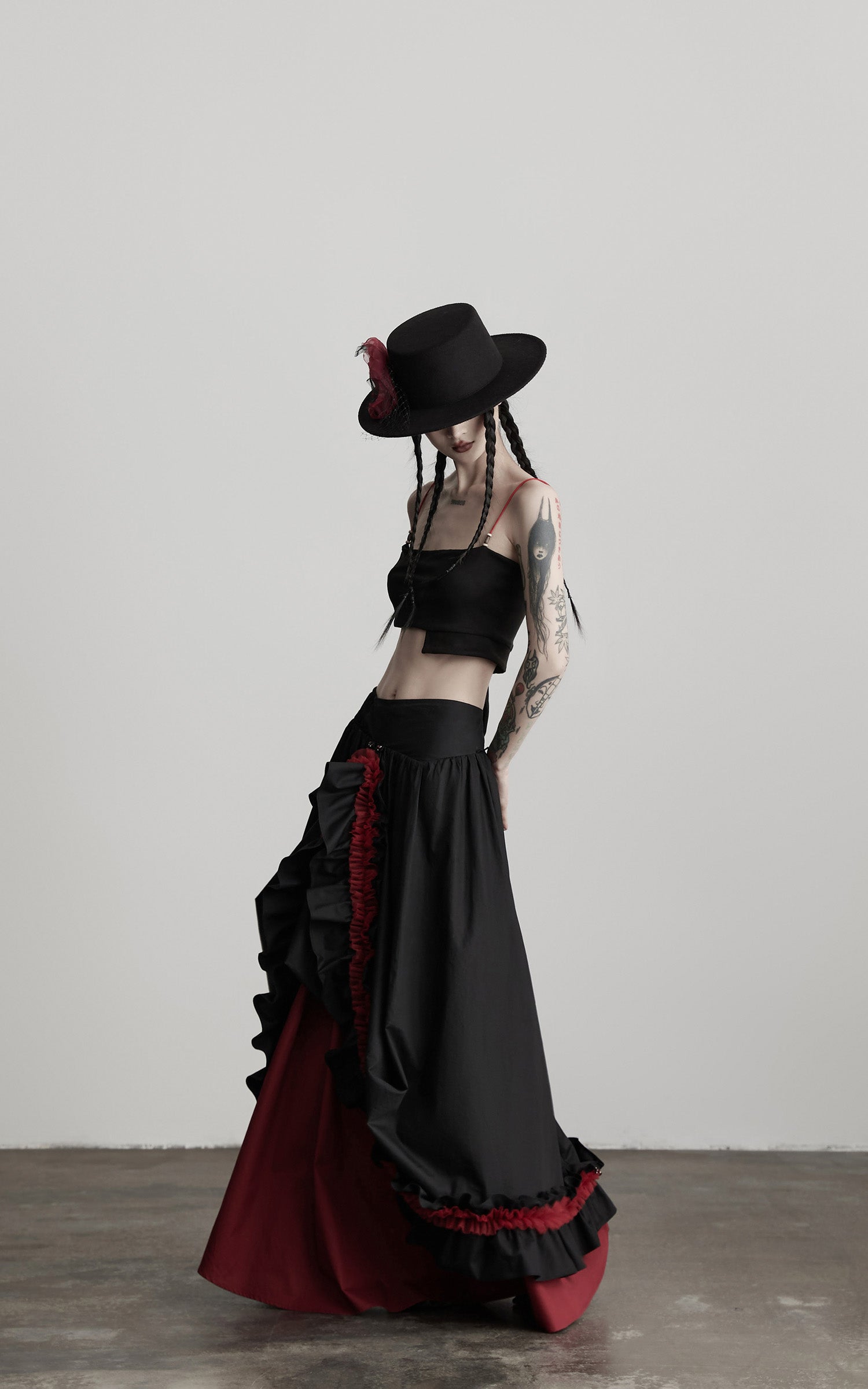 DOINDULGE Flared Skirt with Layered Frill Draping and Contrast Underskirt