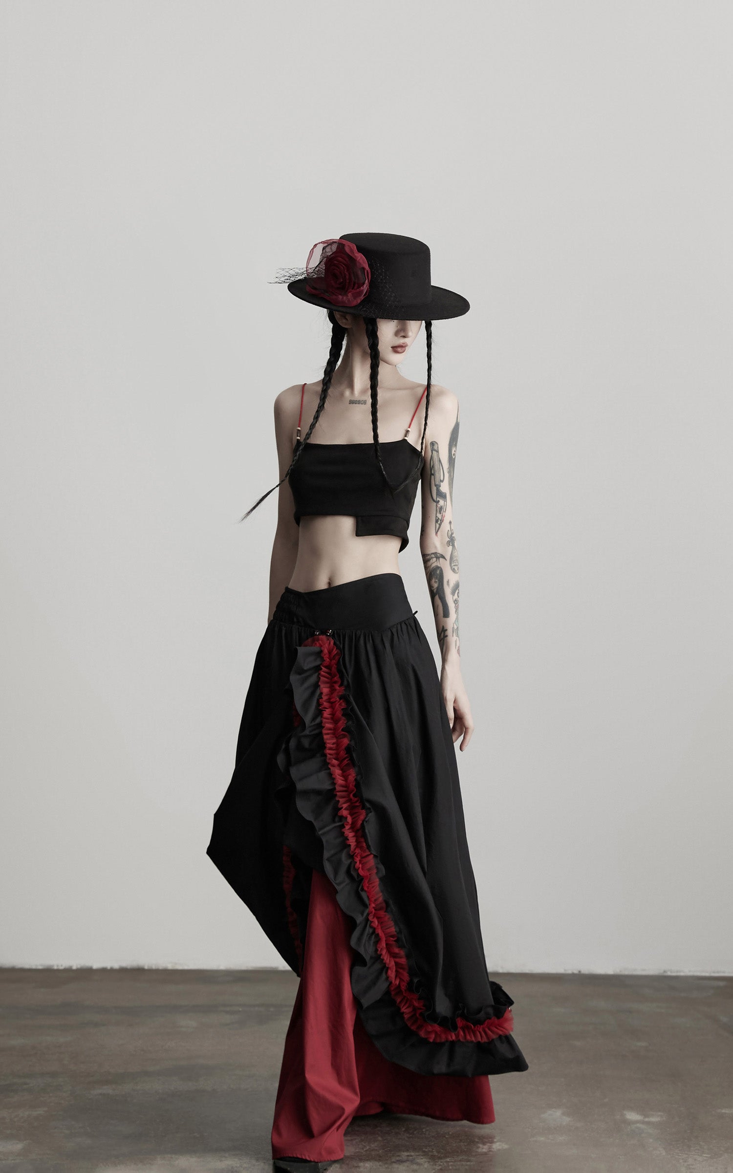 DOINDULGE Flared Skirt with Layered Frill Draping and Contrast Underskirt