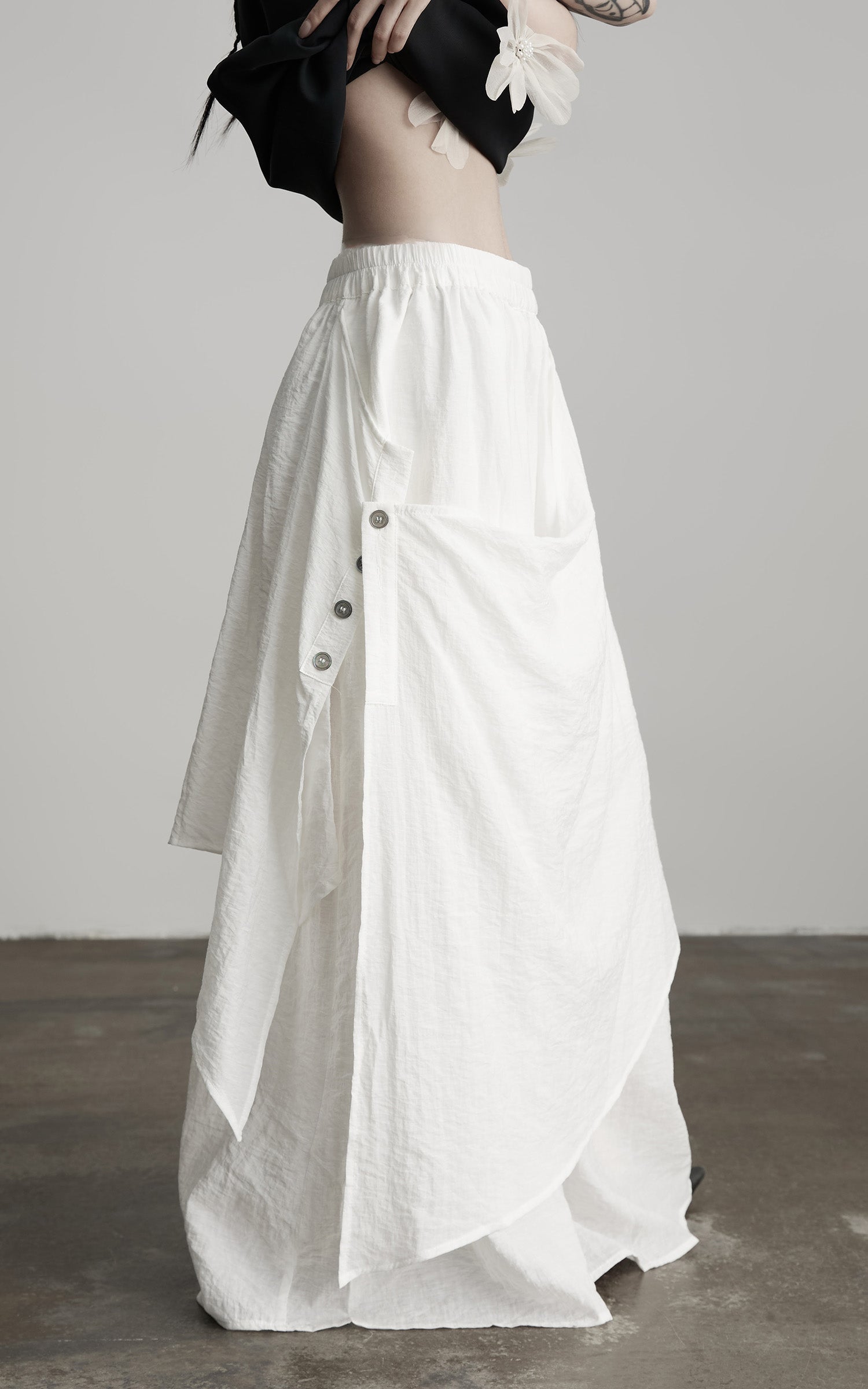 DOINDULGE Asymmetric Draped Skirt with Side Button Detail and Textured Cotton Layers