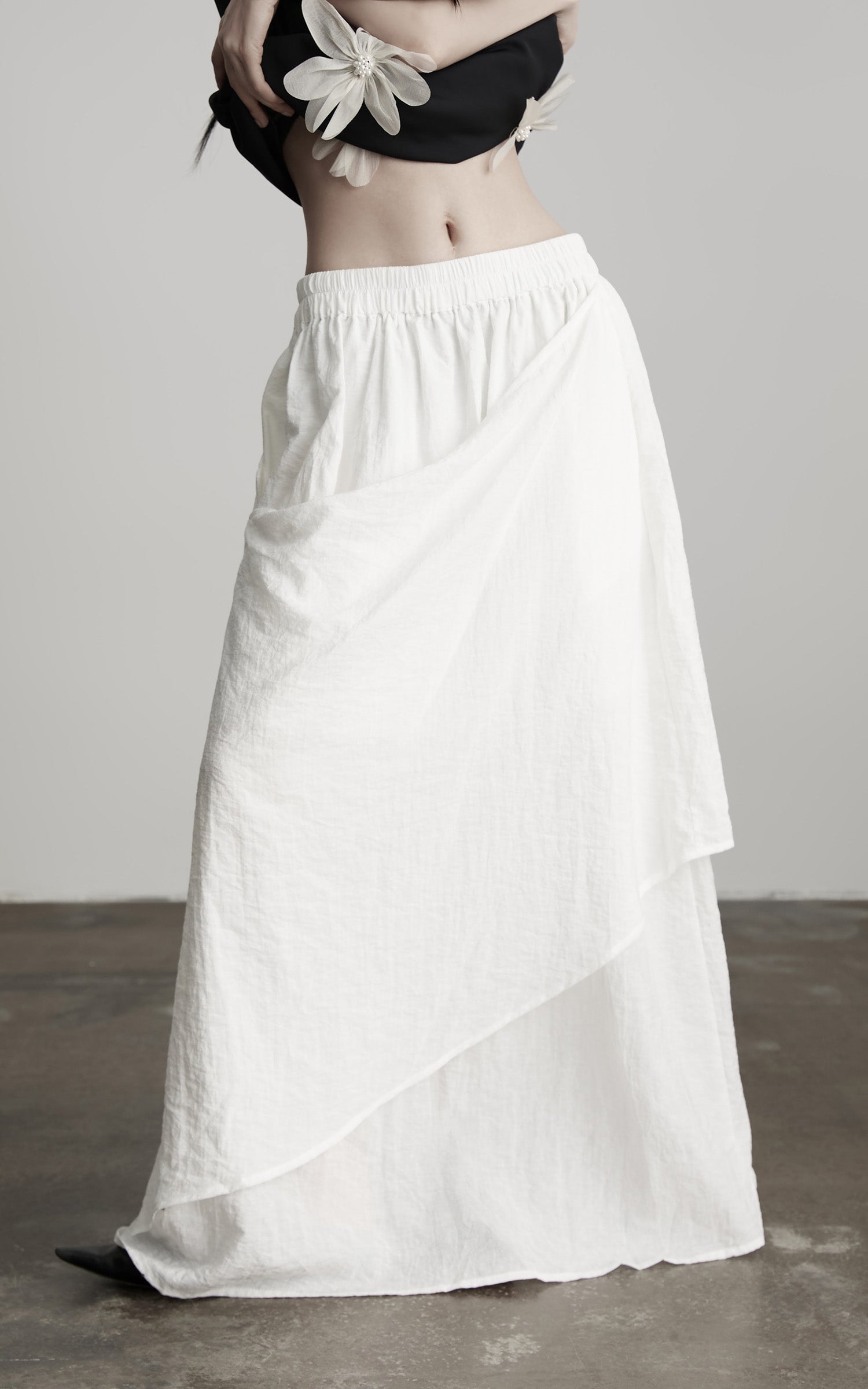 DOINDULGE Asymmetric Draped Skirt with Side Button Detail and Textured Cotton Layers