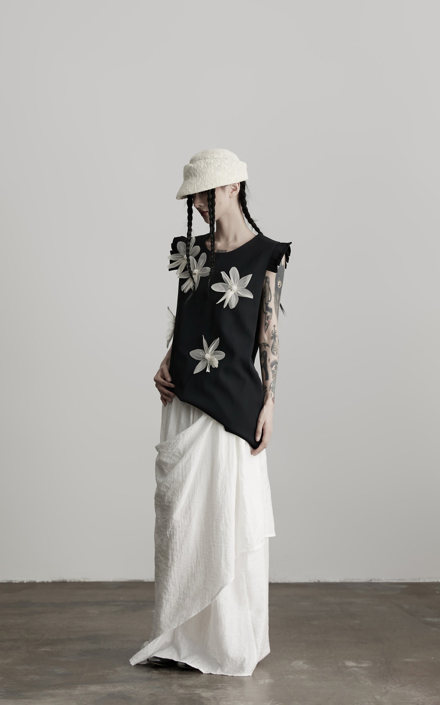 DOINDULGE Asymmetric Draped Skirt with Side Button Detail and Textured Cotton Layers