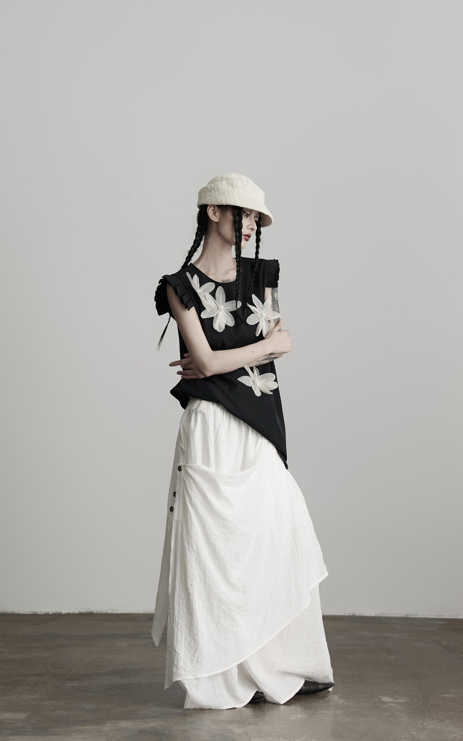 DOINDULGE Asymmetric Draped Skirt with Side Button Detail and Textured Cotton Layers