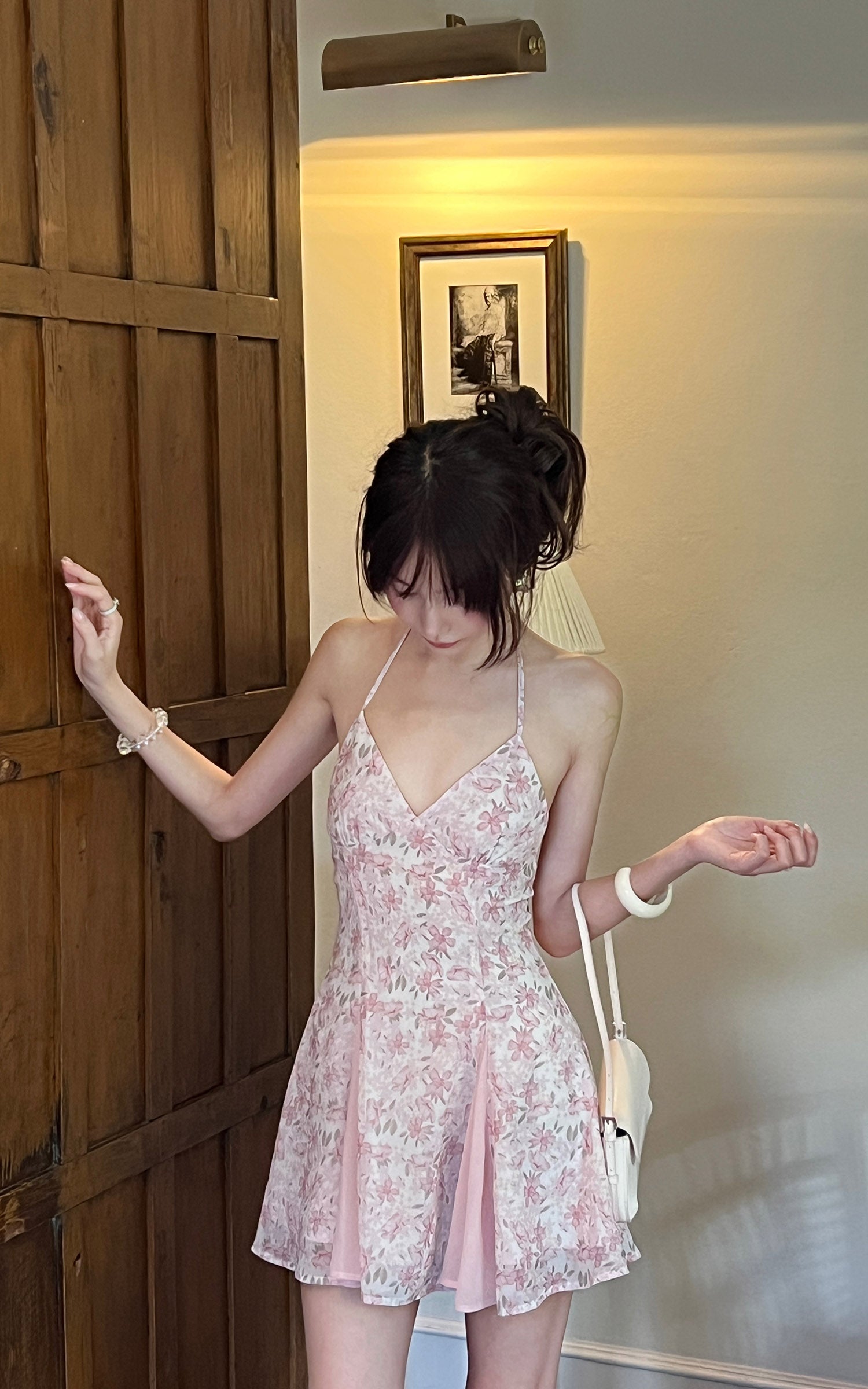 DreamyNerd Vintage Floral Halter Mini Dress with Chiffon Inserts and Flared Skirt - PINKPARKS