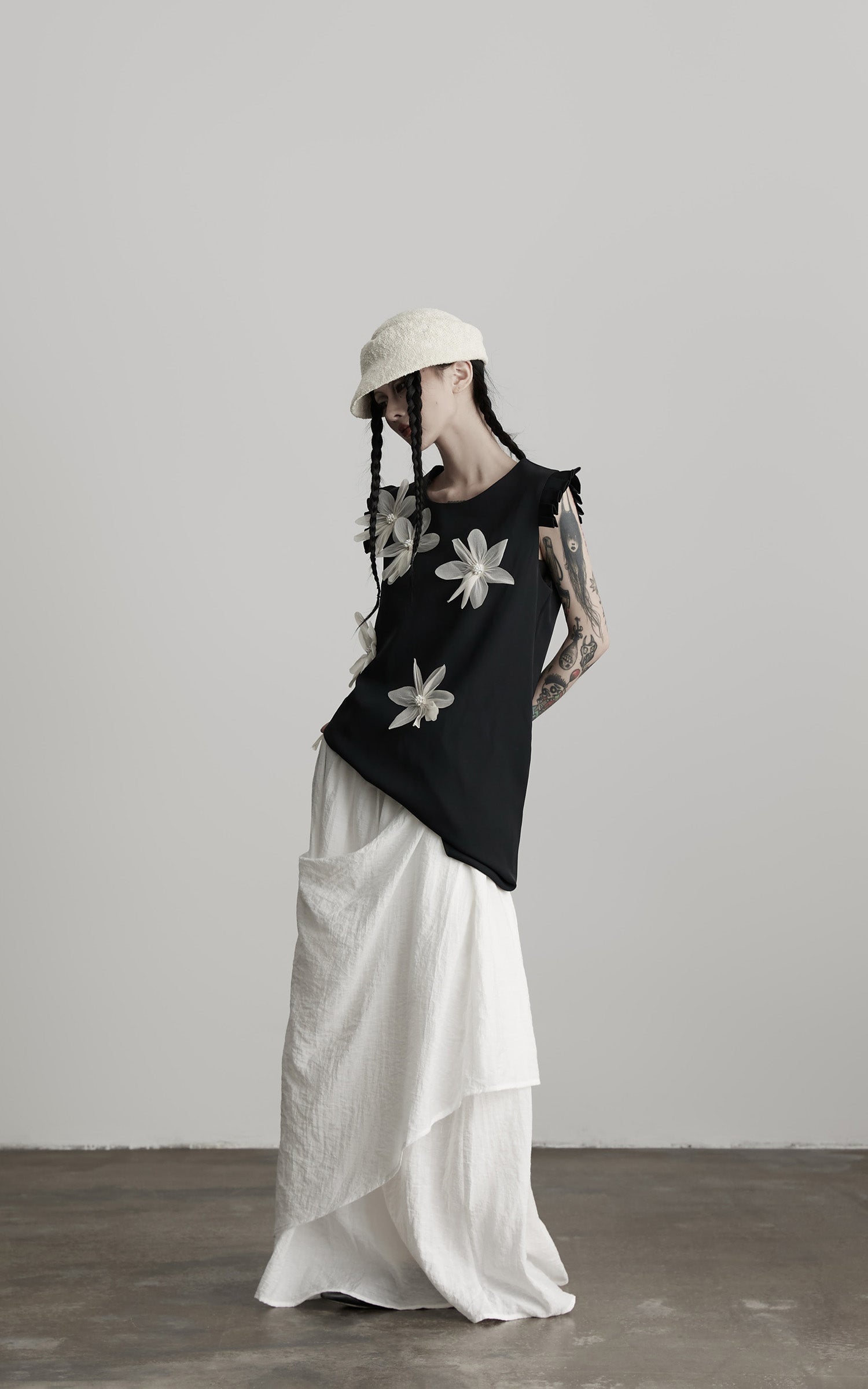DOINDULGE Asymmetric Draped Skirt with Side Button Detail and Textured Cotton Layers