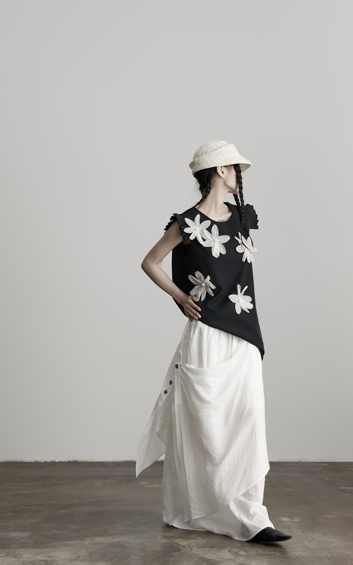 DOINDULGE Asymmetric Draped Skirt with Side Button Detail and Textured Cotton Layers