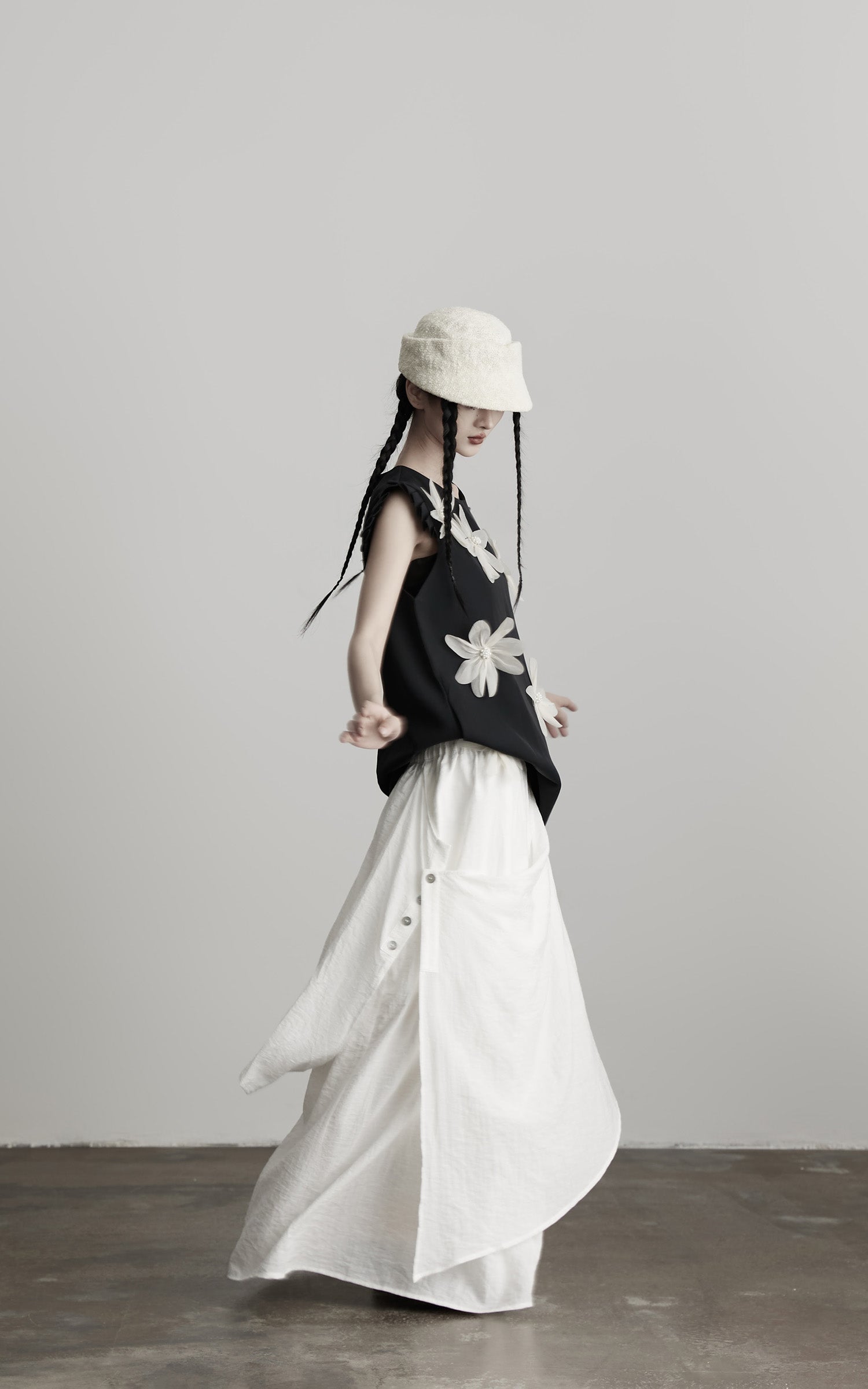 DOINDULGE Asymmetric Draped Skirt with Side Button Detail and Textured Cotton Layers