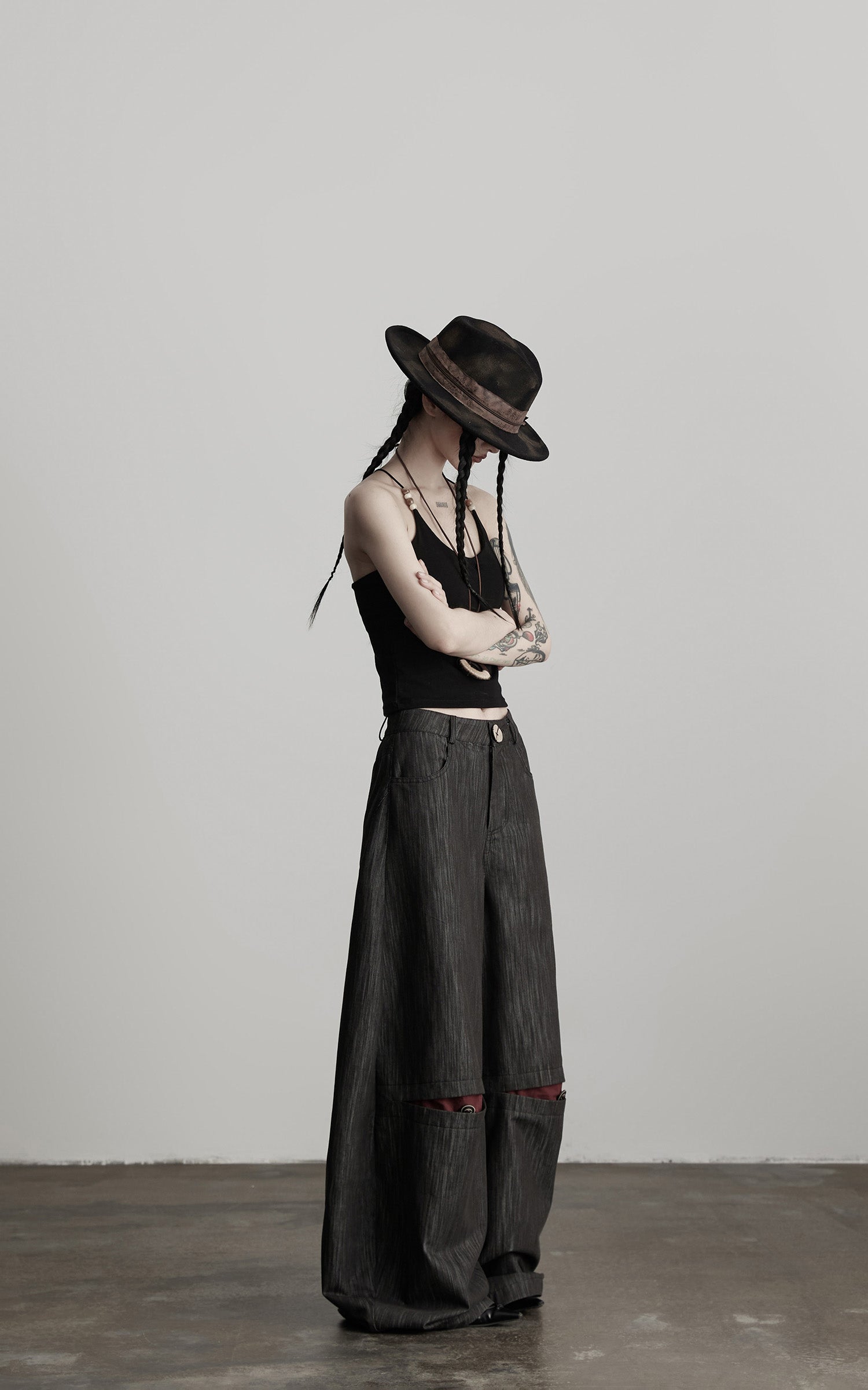 DOINDULGE Structural Wide Leg Trousers with Hidden Contrast Detail