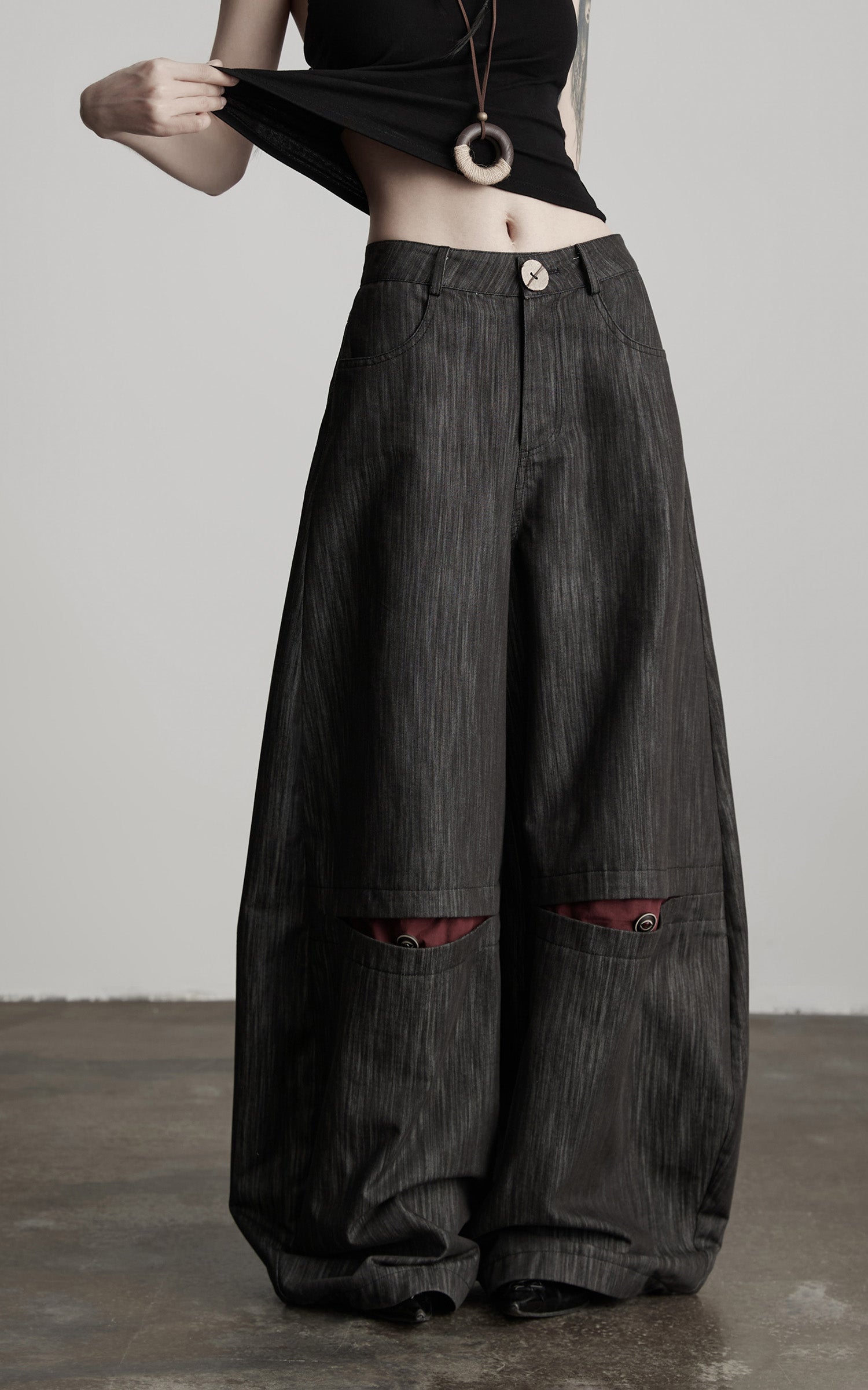 DOINDULGE Structural Wide Leg Trousers with Hidden Contrast Detail
