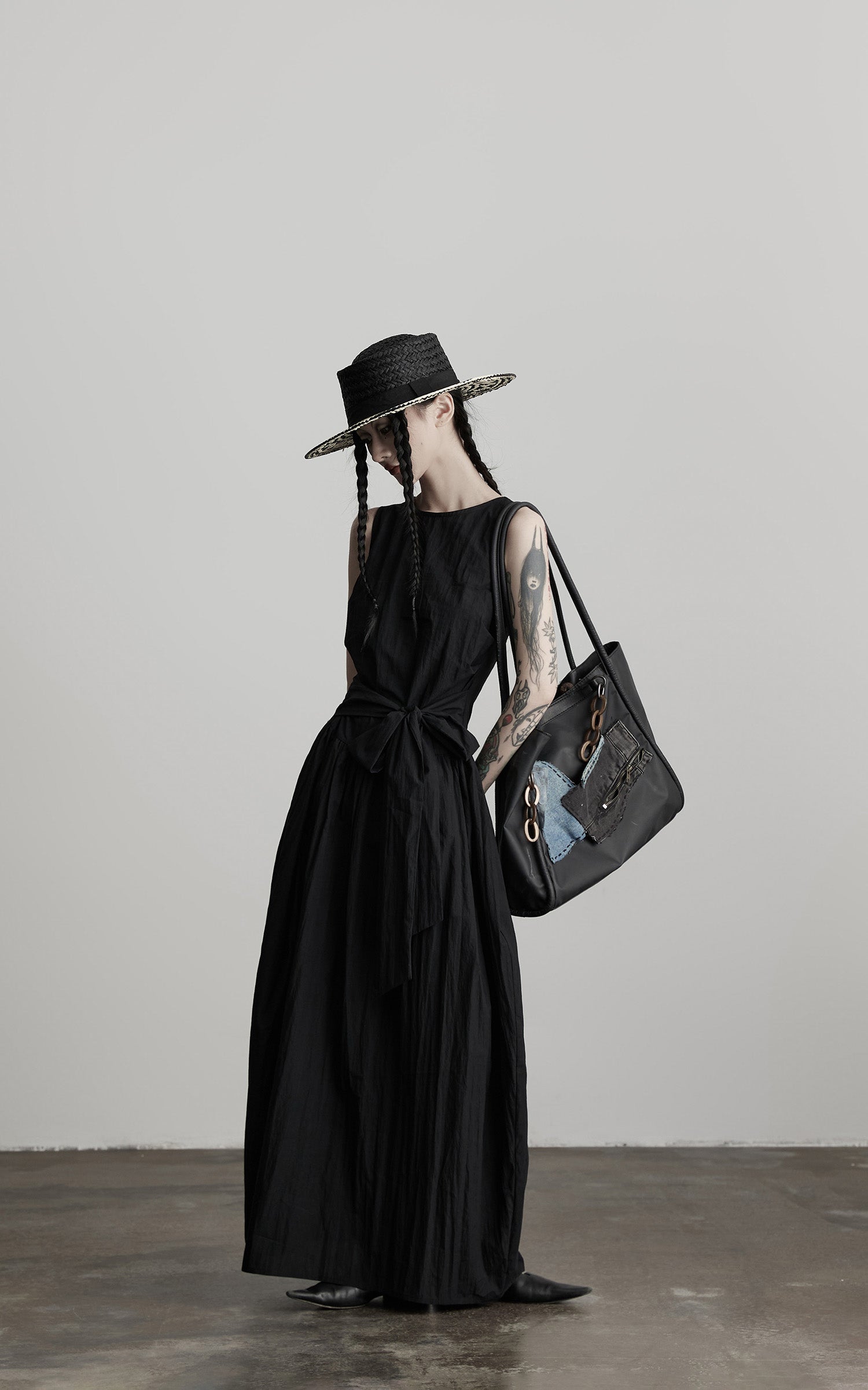 DOINDULGE Sleeveless Draped Maxi Dress with Hand-Tied Bead Embellishment and Sculpted Waist