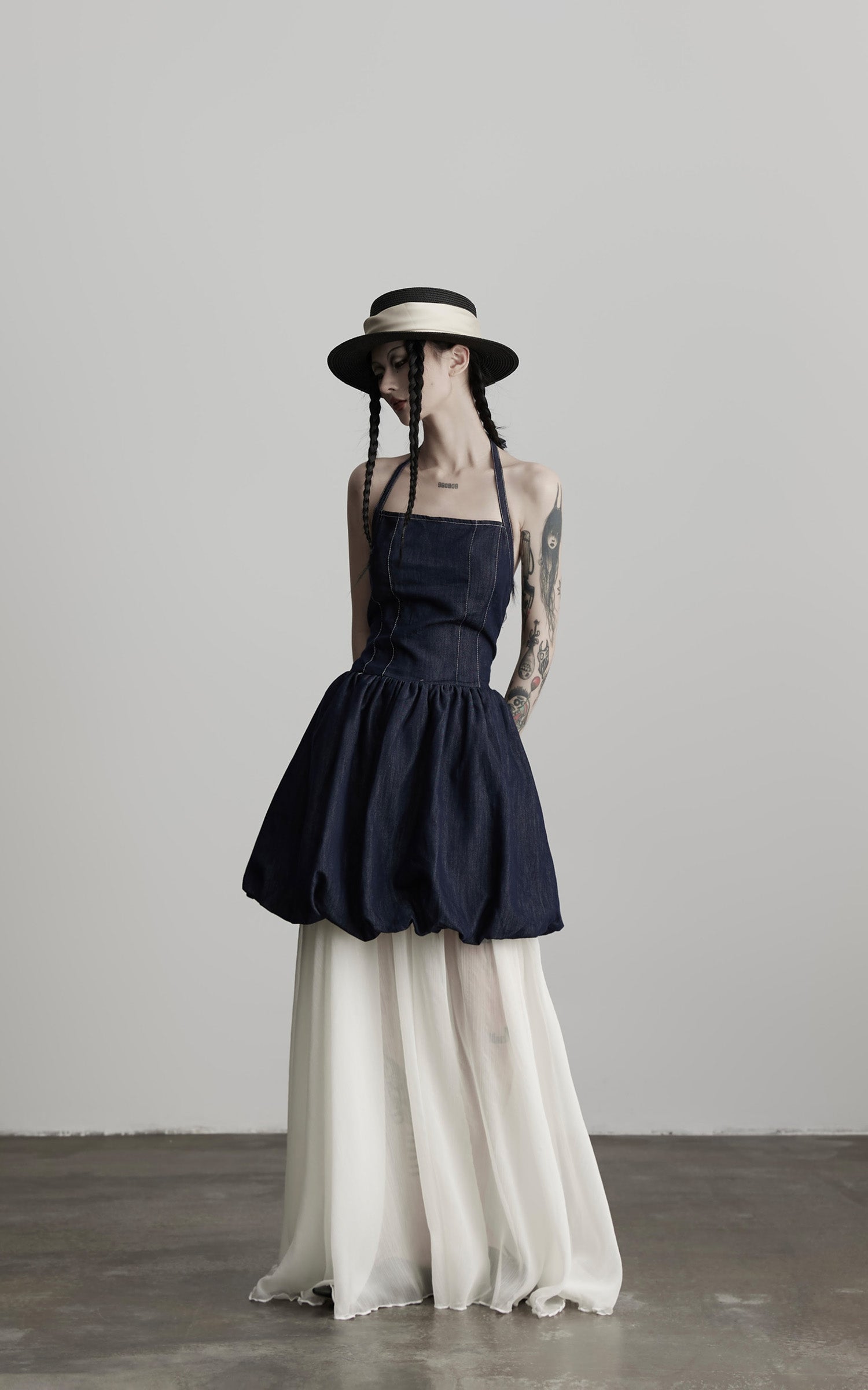 DOINDULGE Denim Halter Dress with Bubble Silhouette and Sheer Pleated Chiffon Hem