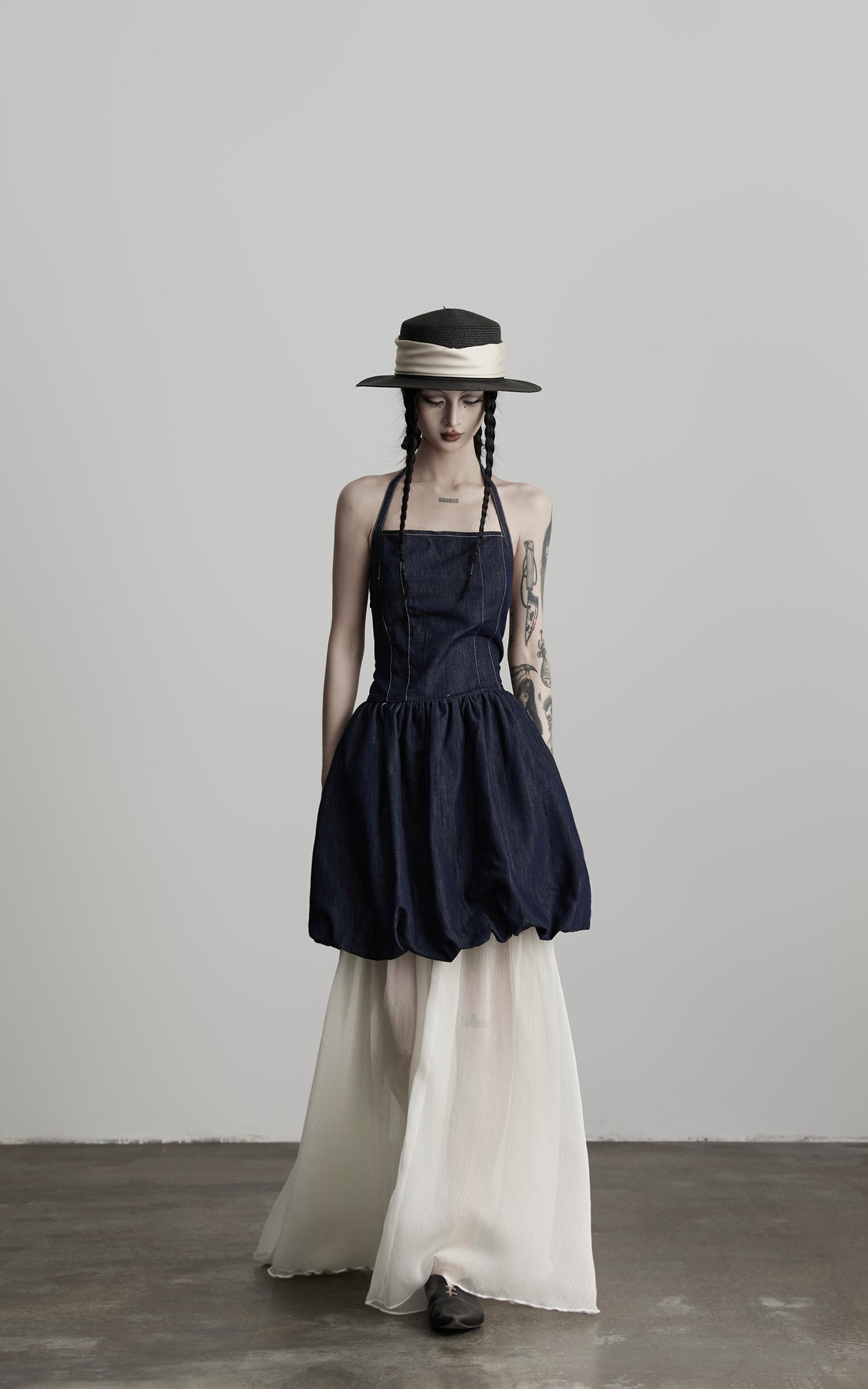 DOINDULGE Denim Halter Dress with Bubble Silhouette and Sheer Pleated Chiffon Hem